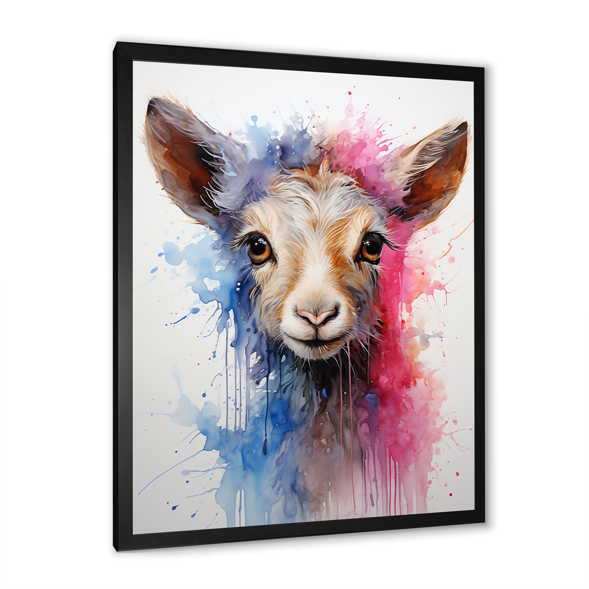 Pink and blue curious Llama portrait - Pink Llama Wall Art