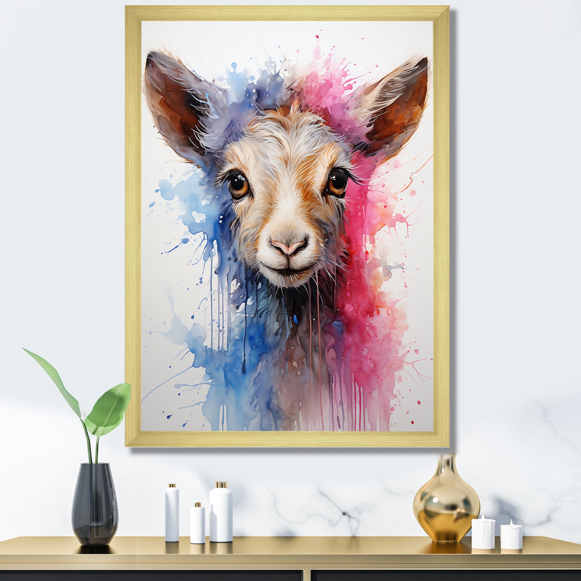 Pink and blue curious Llama portrait - Pink Llama Wall Art