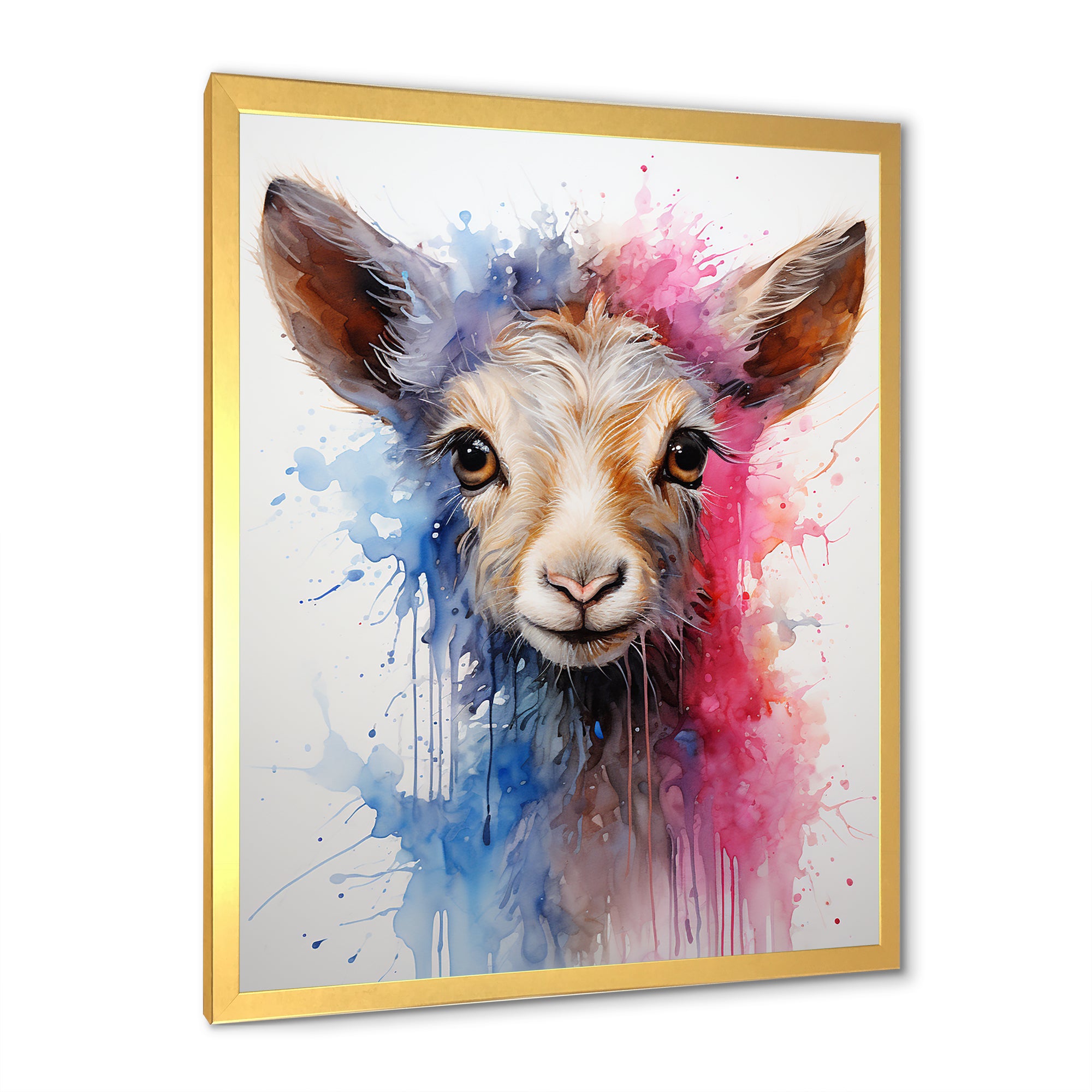 Pink and blue curious Llama portrait - Pink Llama Wall Art