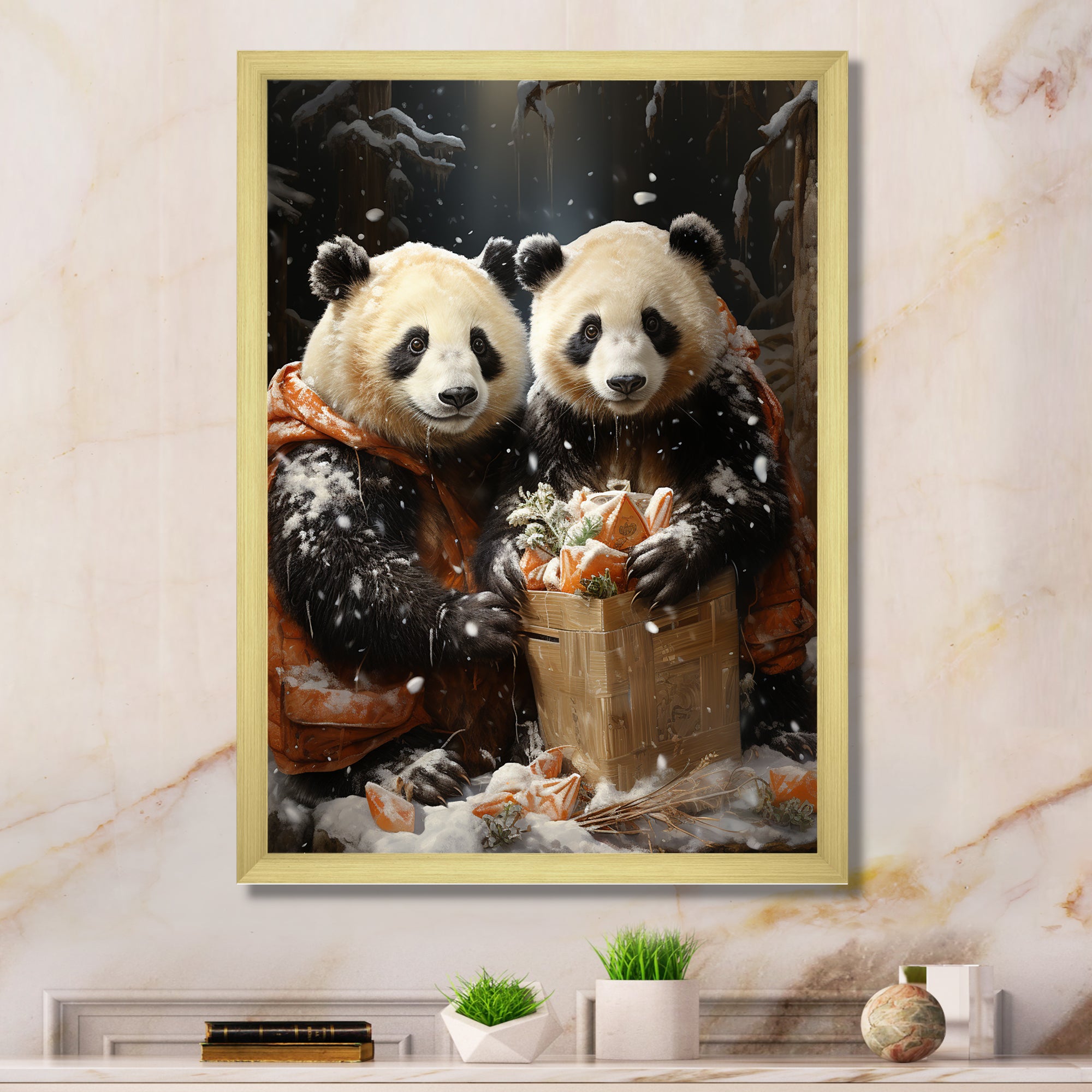 Snowy Bamboo Panda Party - Panda Bedroom Wall Art