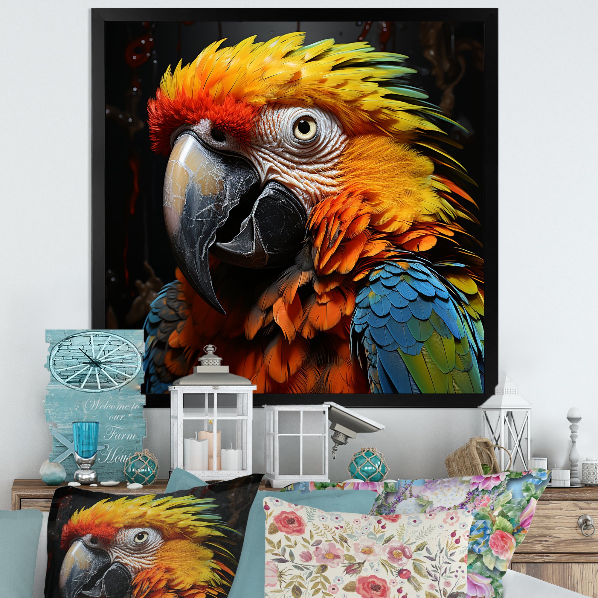 Yellow and blue Parrot portrait photo - Yellow Parrot Wall Art