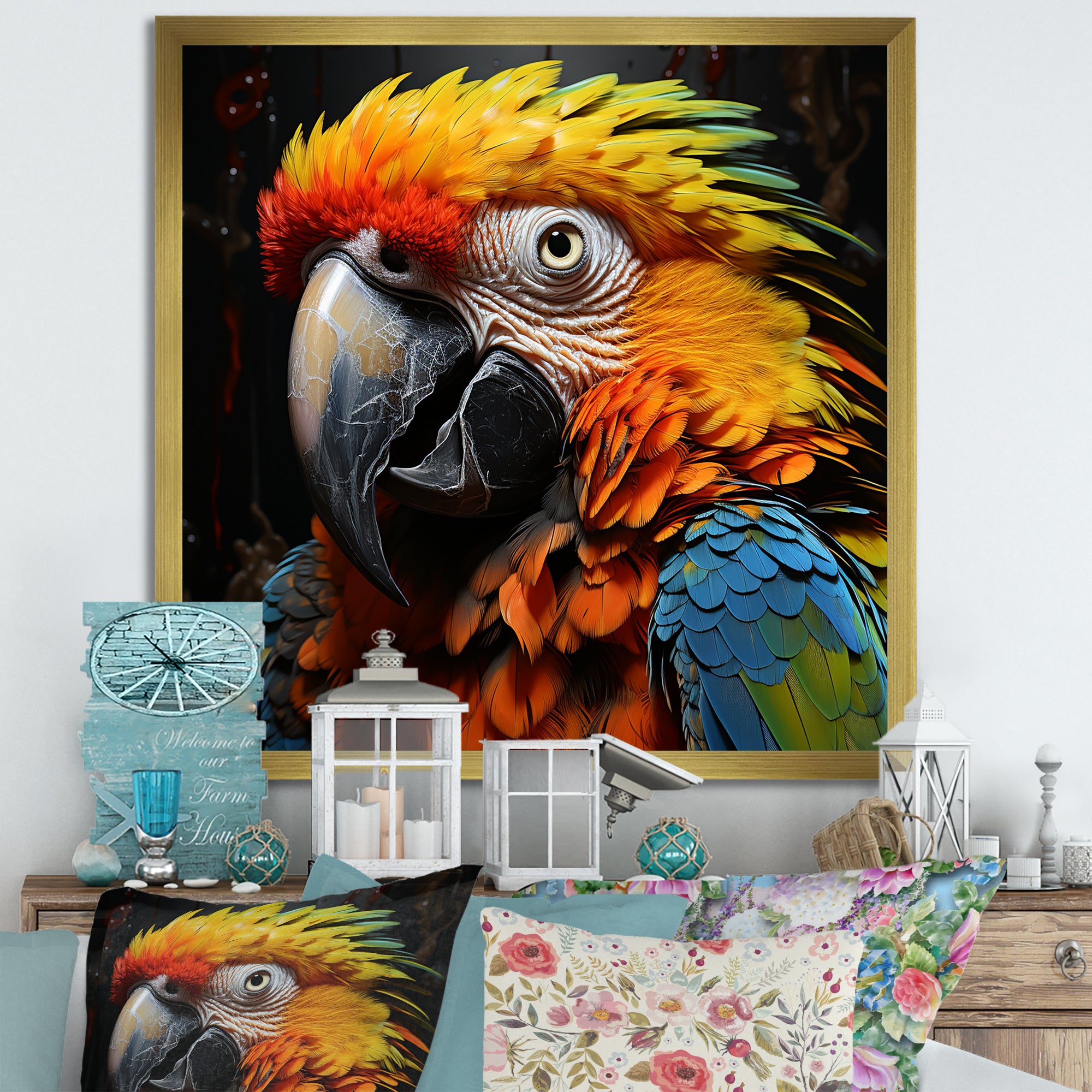 Yellow and blue Parrot portrait photo - Yellow Parrot Wall Art