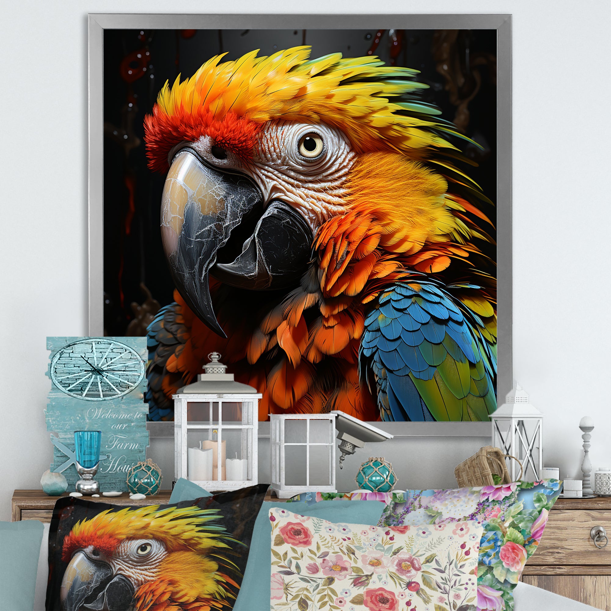Yellow and blue Parrot portrait photo - Yellow Parrot Wall Art