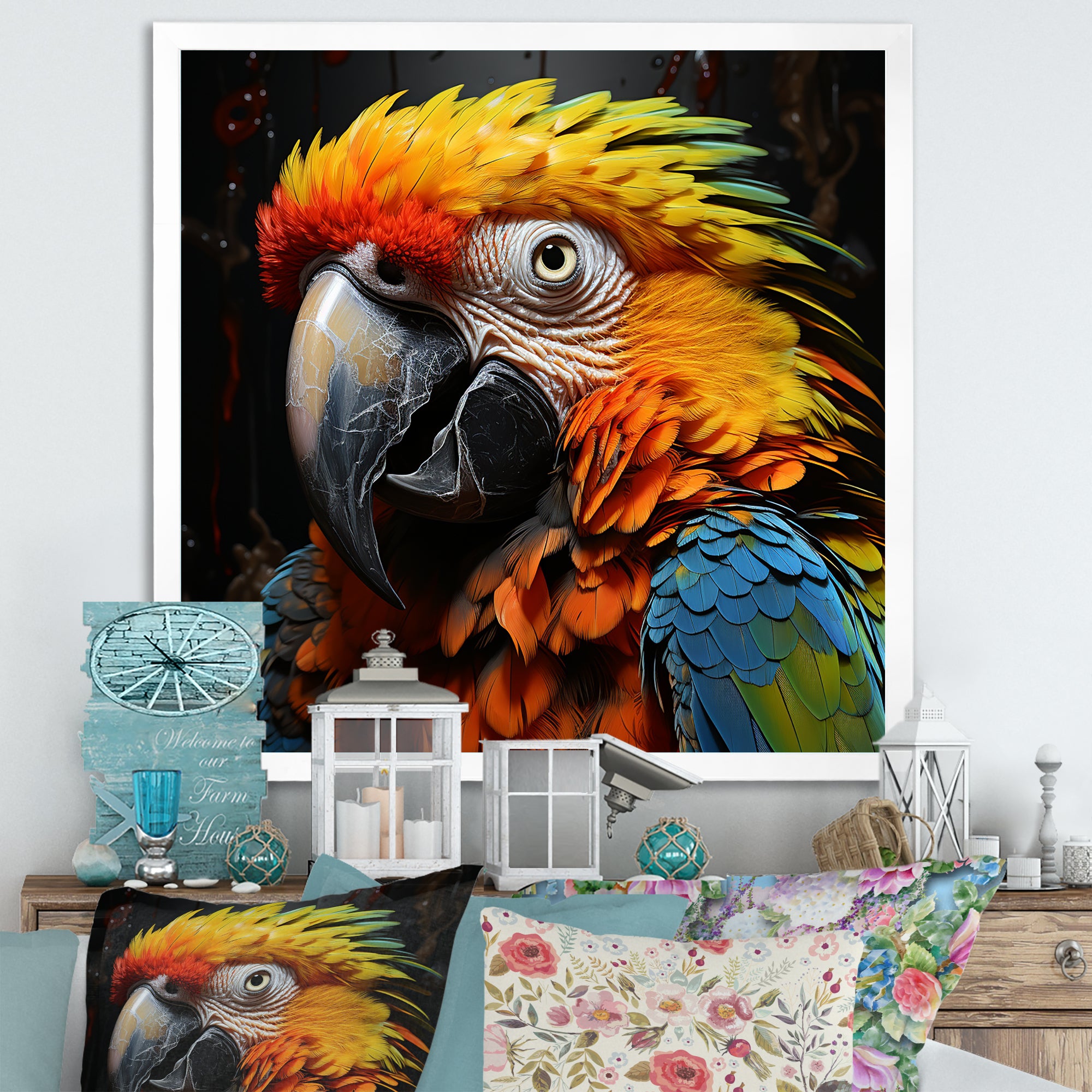 Yellow and blue Parrot portrait photo - Yellow Parrot Wall Art