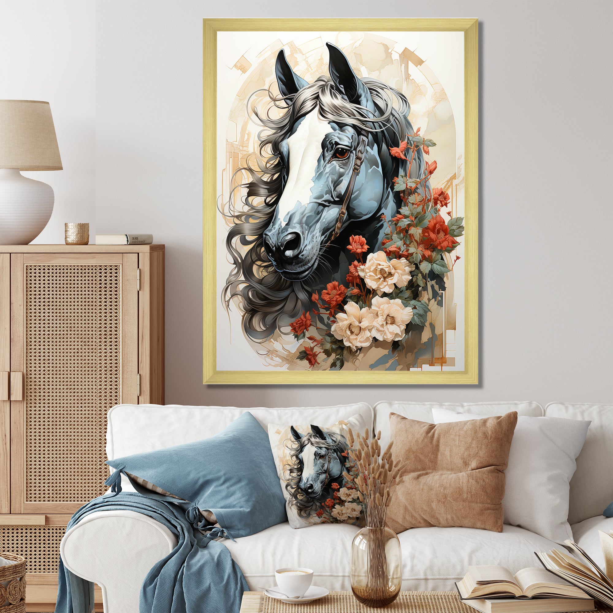 Grey floral Horse Beauty - Horse Canvas Wall Art