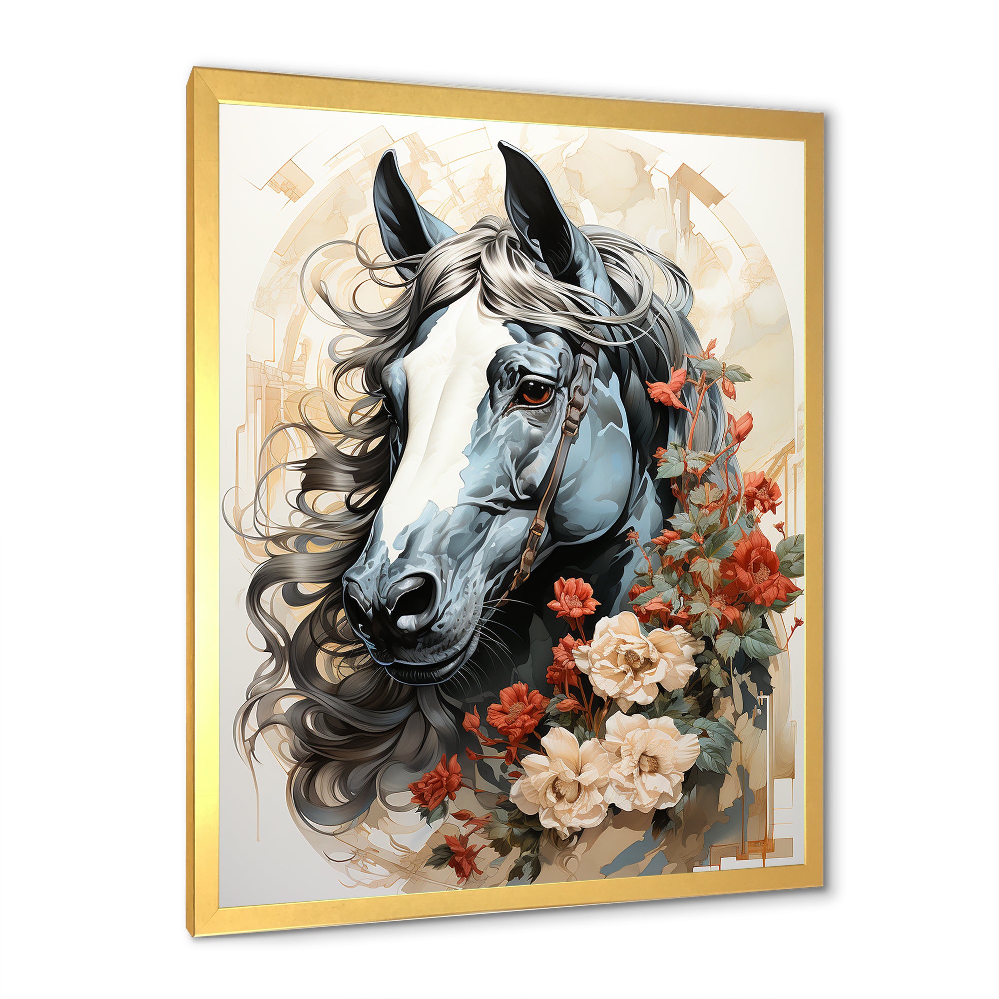 Grey floral Horse Beauty - Horse Canvas Wall Art