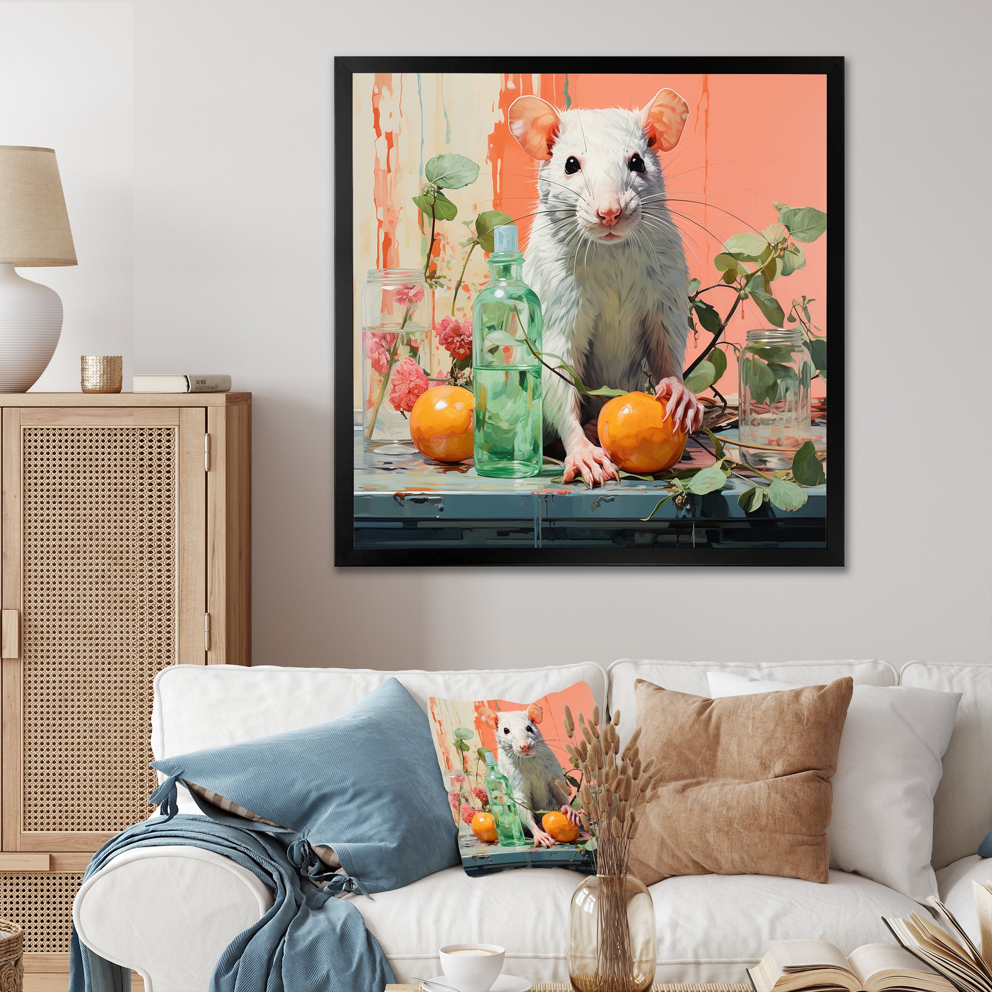 Pink curious rat fruits - Mouse Canvas Wall Art
