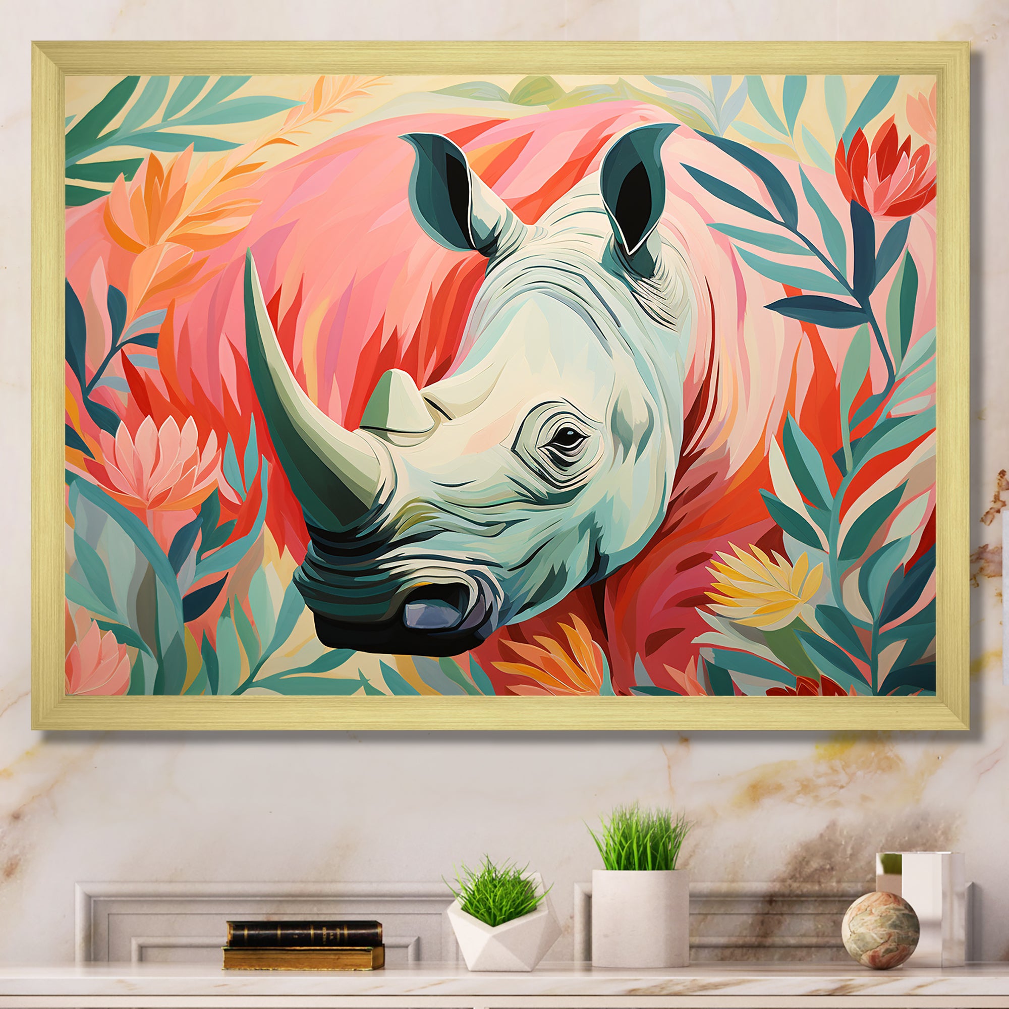 Floral Pink Rhino paradise - Rhino Framed Canvas Art