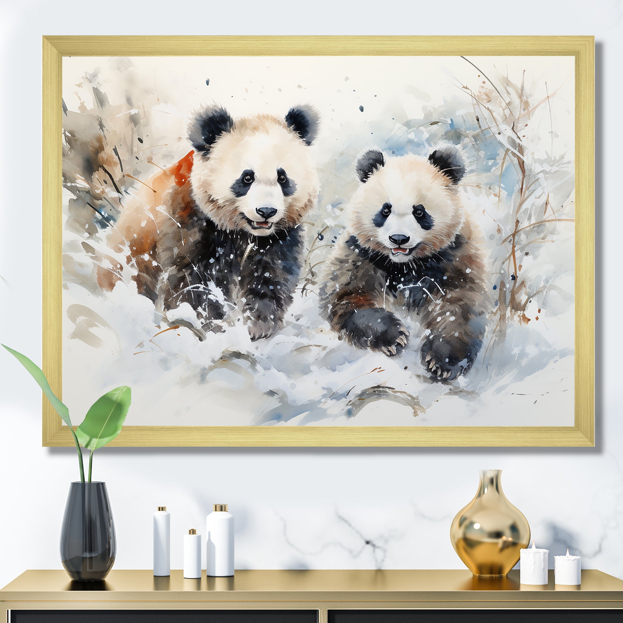 Panda playing in winter landscape - Bear Bedroom Wall Art