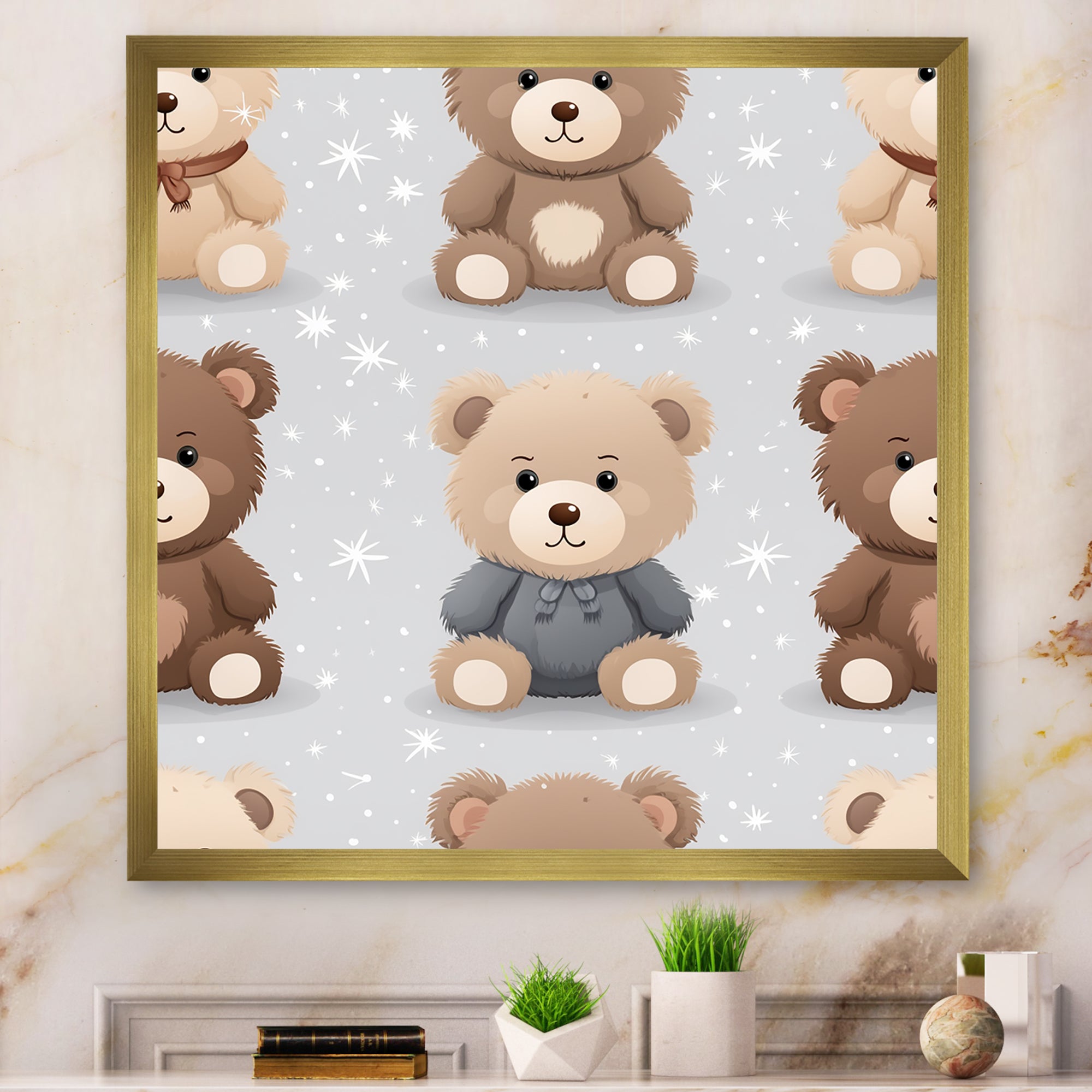 Brown and grey Teady bear nursery - Bear Large Canvas Wall Art