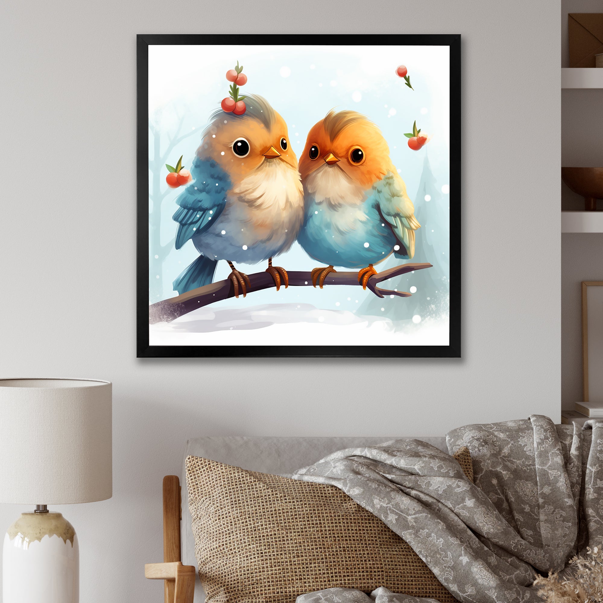 Blue and yellow Bird Buddies Winter Adventure - Bird Canvas Wall Art