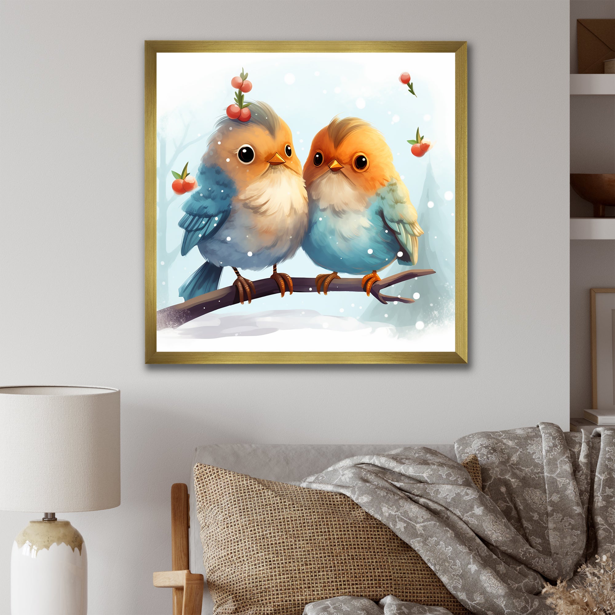 Blue and yellow Bird Buddies Winter Adventure - Bird Canvas Wall Art