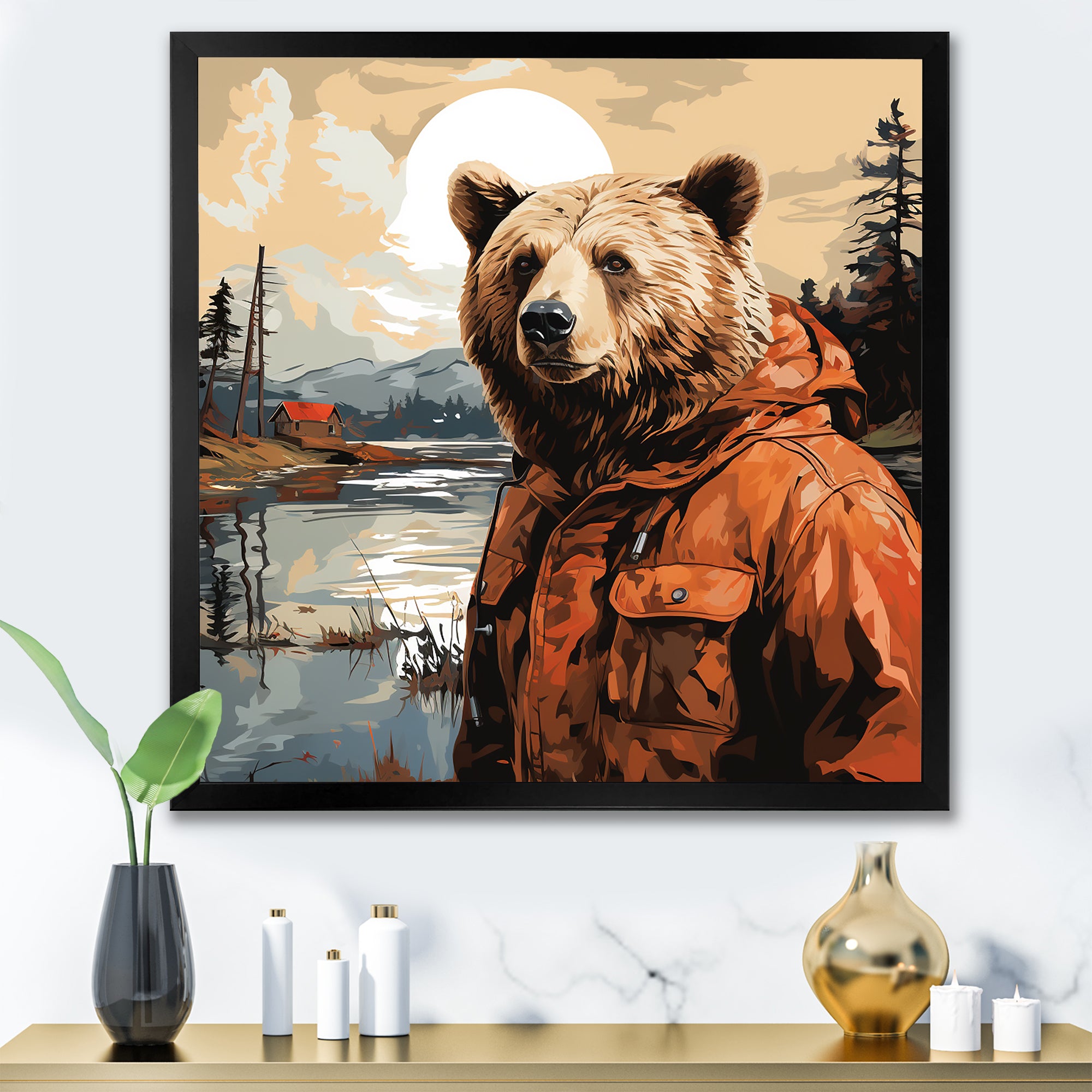 Orange Bear detective countryside - Bear Wall Art Prints