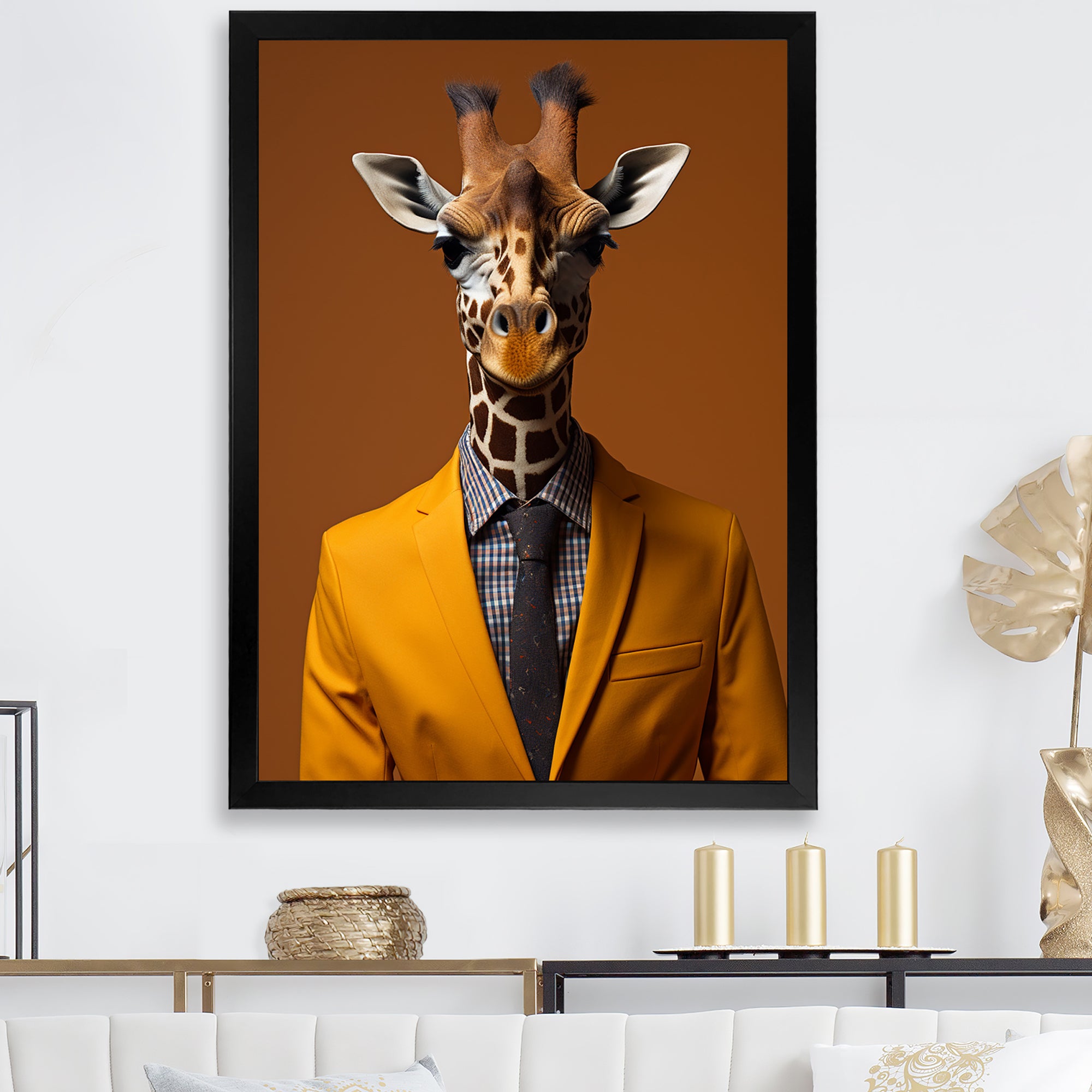 Yellow and brown suited up giraffe - Giraffe Fashion Living Room Wall Art