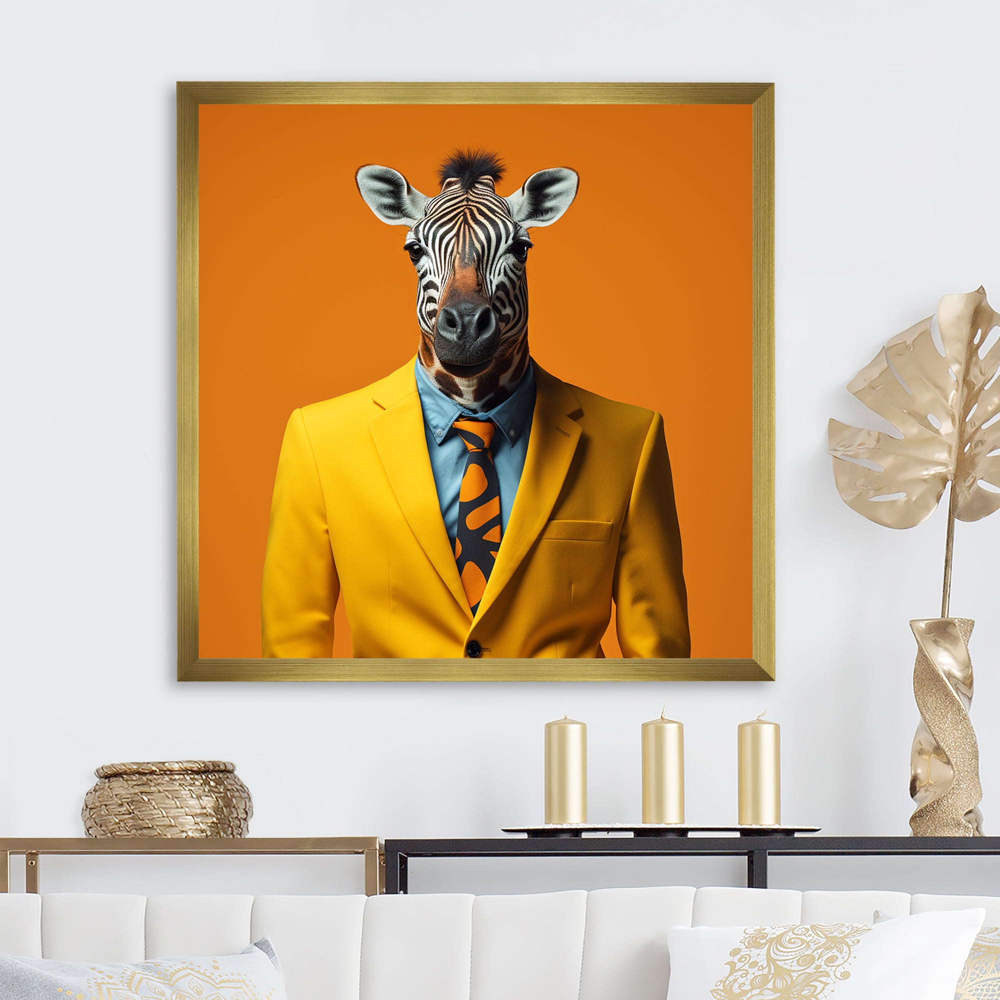 Yellow and orange suited up zebra - Zebra Fashion Bedroom Wall Art