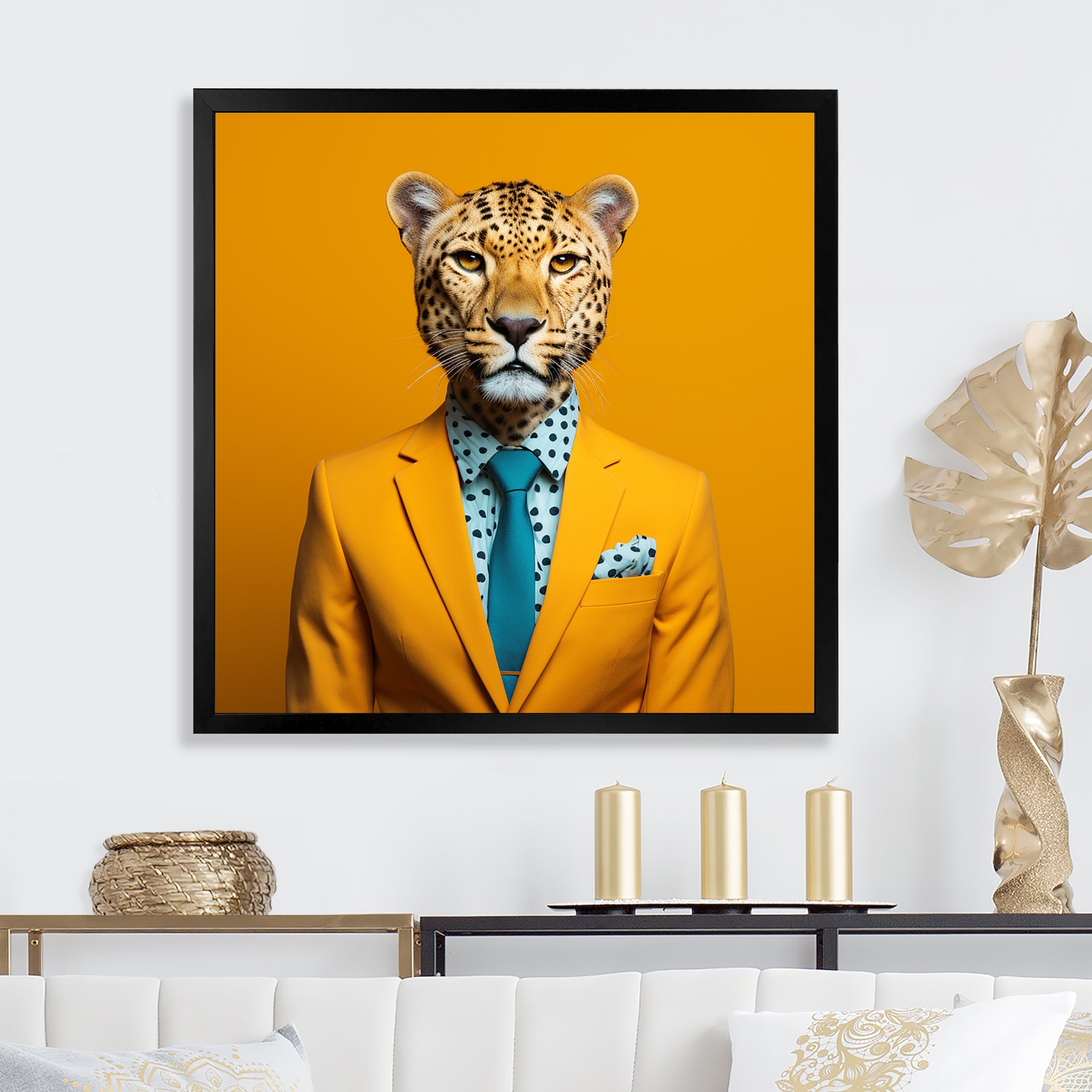 Yellow and blue suited up cheetah - Zebra Fashion Canvas Wall Art