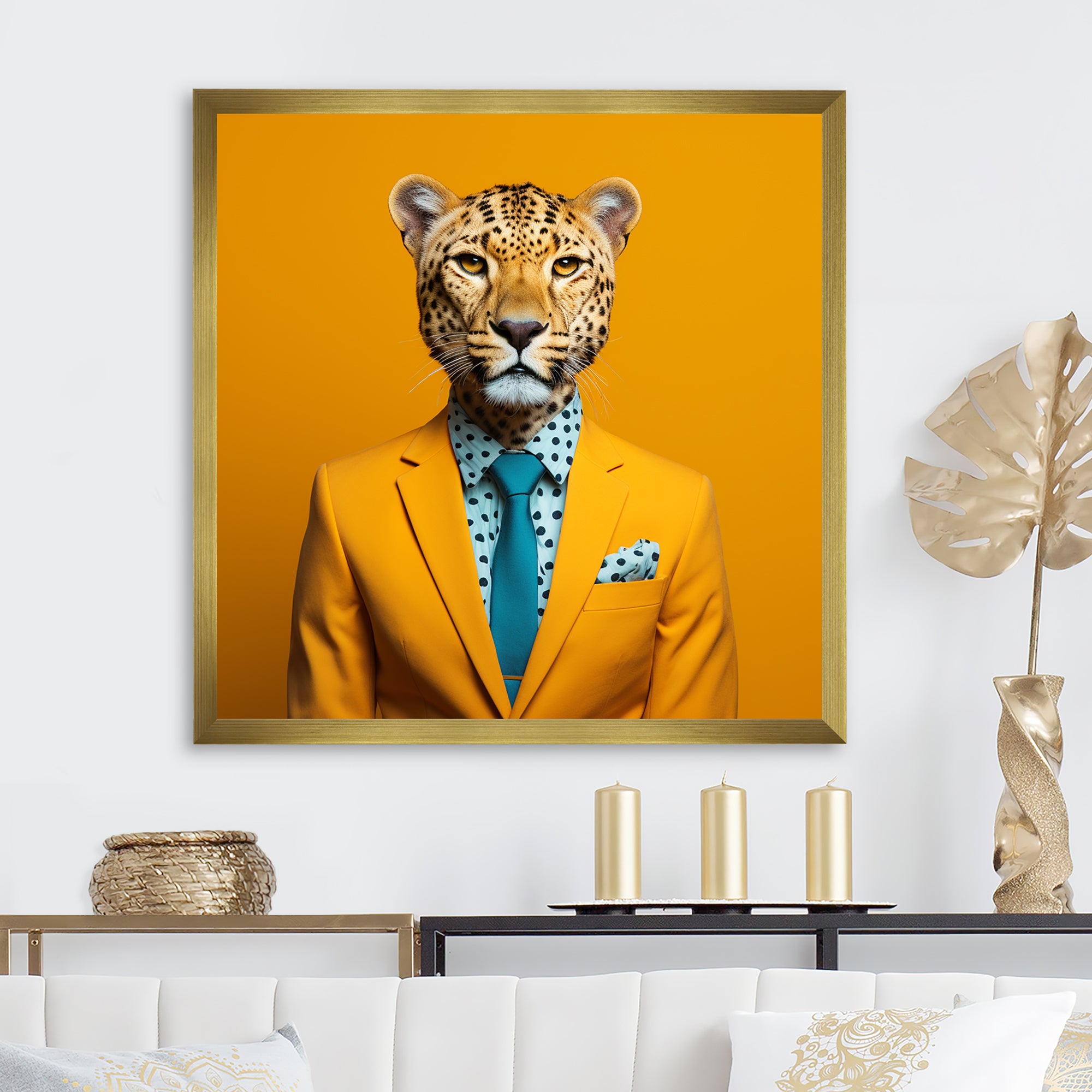 Yellow and blue suited up cheetah - Zebra Fashion Canvas Wall Art