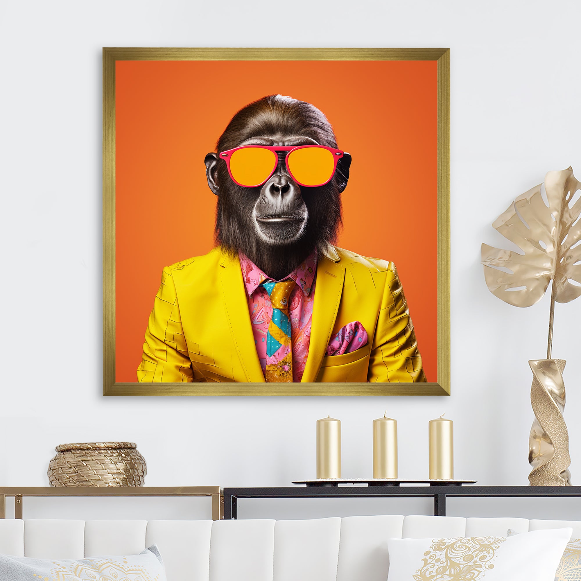 Yellow and orange suited up Monkey - Monkey Fashion Canvas Wall Art