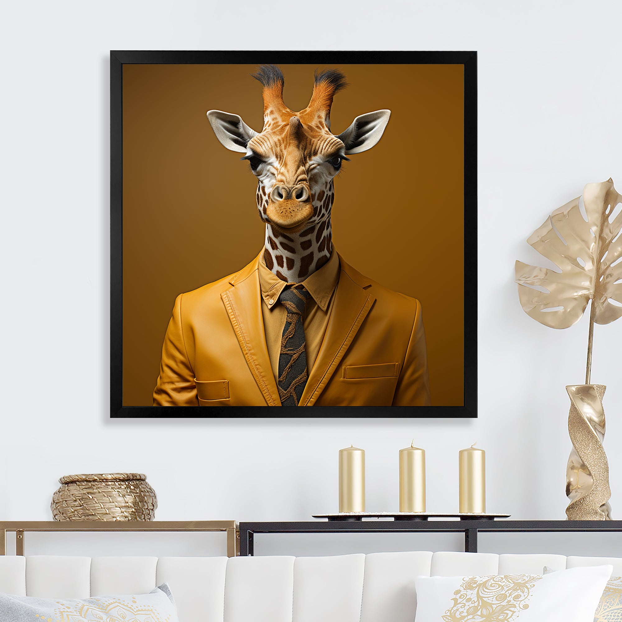 Yellow and brown suited up fashion giraffe - Giraffe Fashion Wall Decor