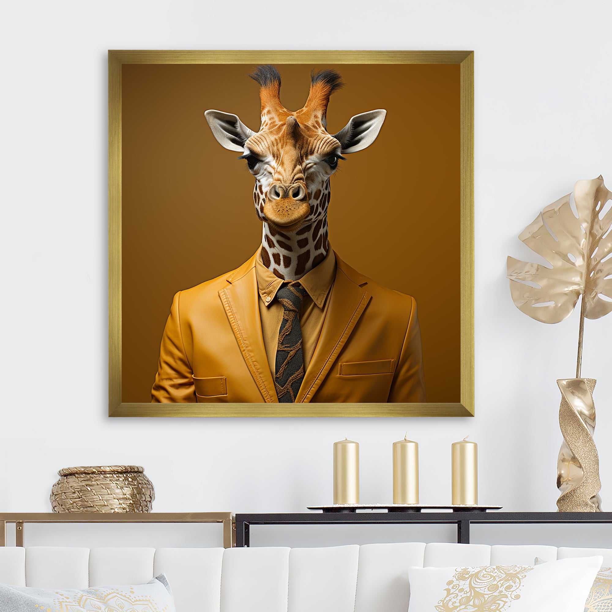 Yellow and brown suited up fashion giraffe - Giraffe Fashion Wall Decor