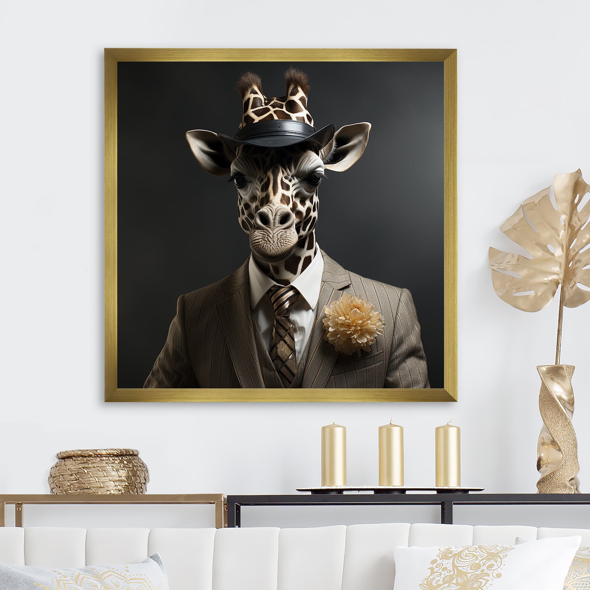 Grey and black suited up fashion giraffe - Giraffe Fashion Wall Art Prints