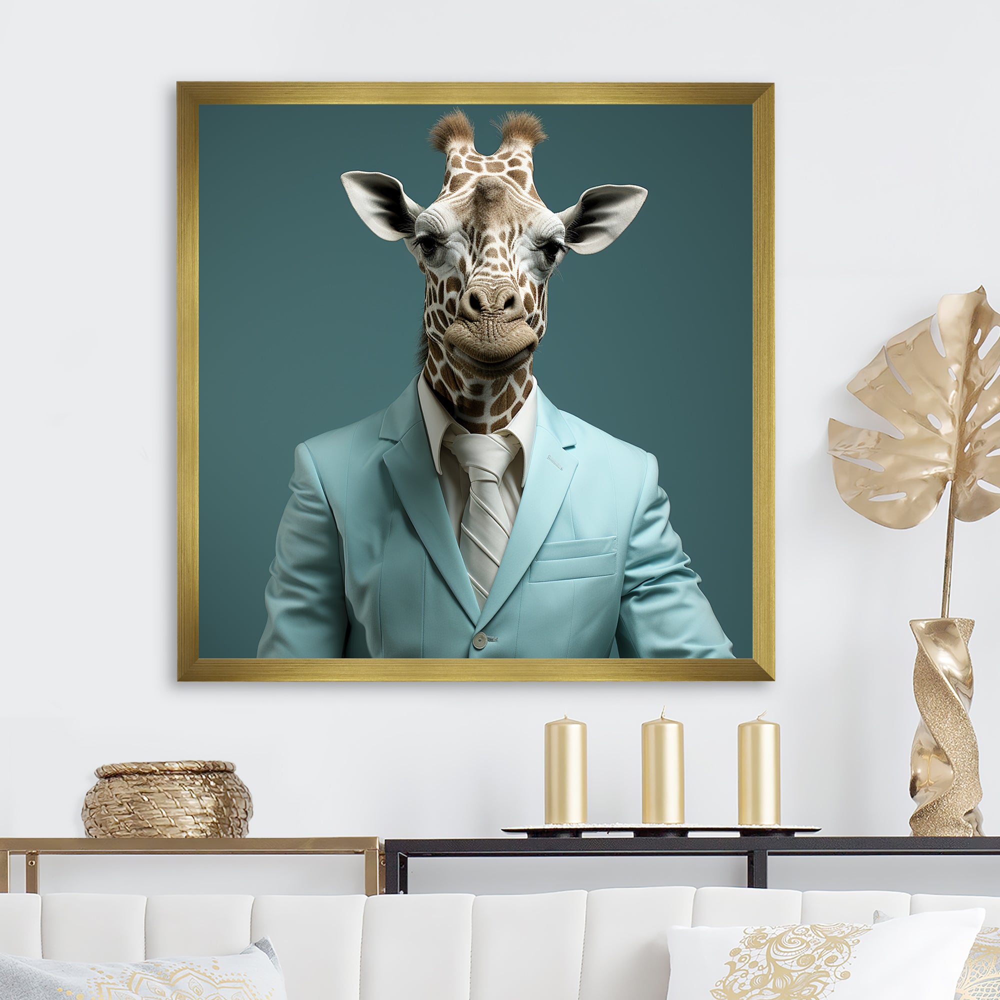 Blue and grey suited up fashion giraffe - Giraffe Fashion Wall Art Prints