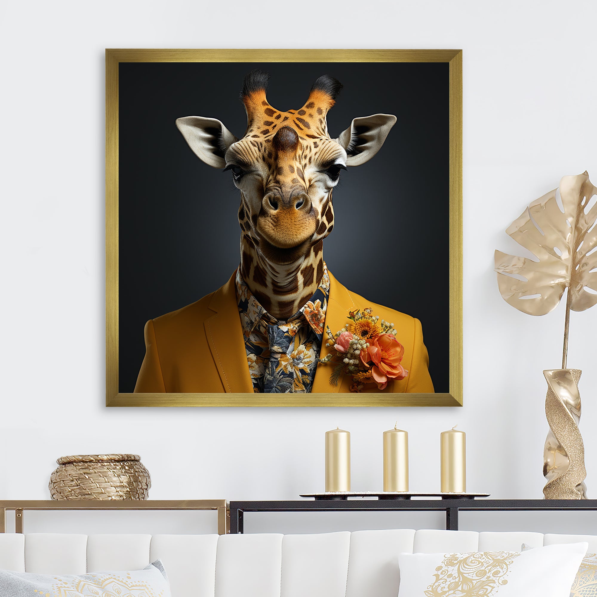 Yellow and black suited up fashion giraffe - Yellow Giraffe Fashion Wall Art