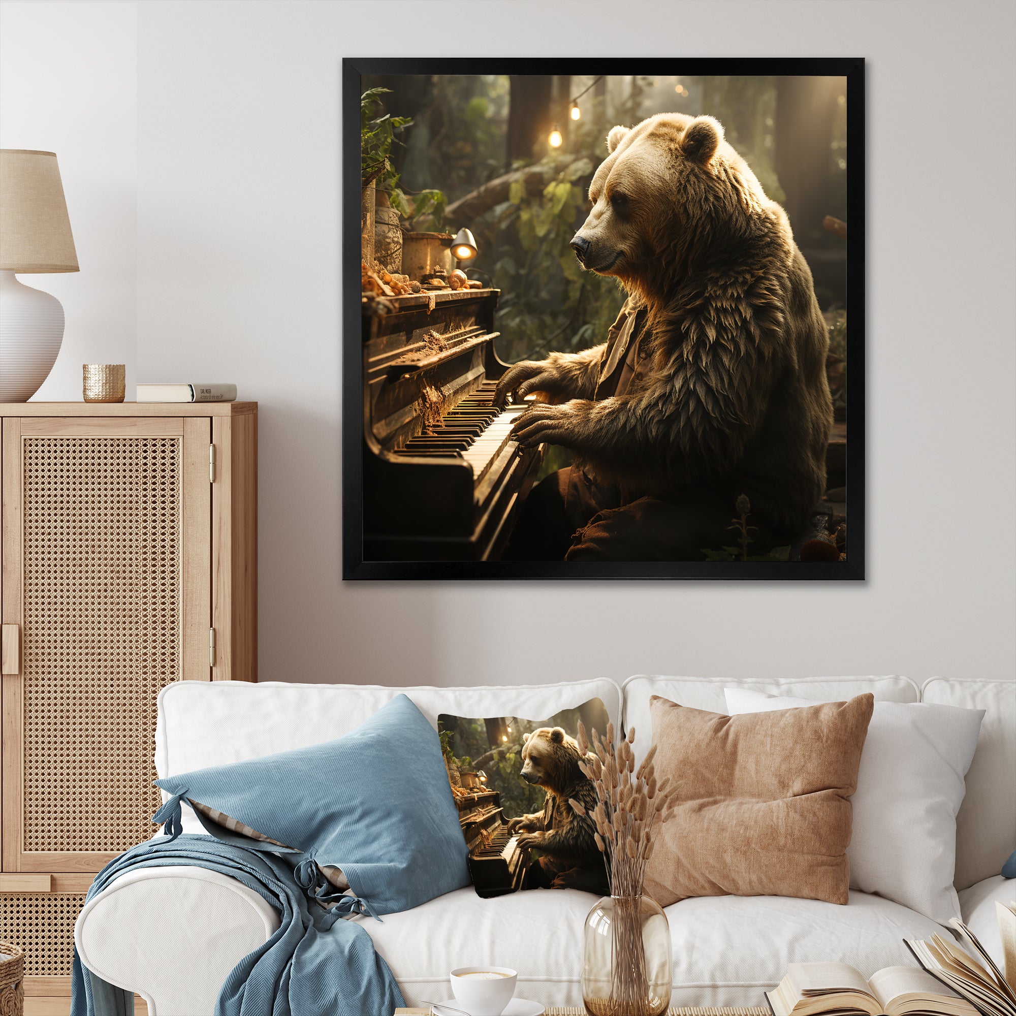 Forest bear playing piano - Bear Large Canvas Wall Art