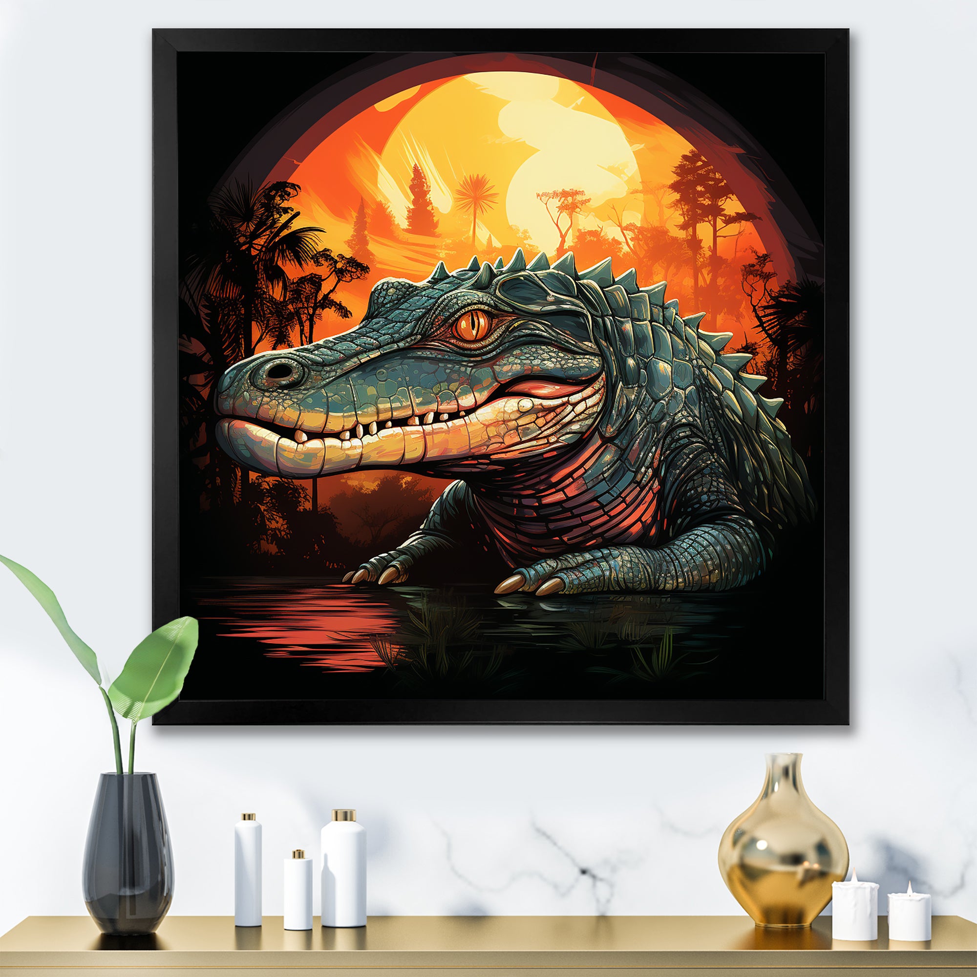 Orange and green Crocodile sunset - Crocodile Framed Canvas Art