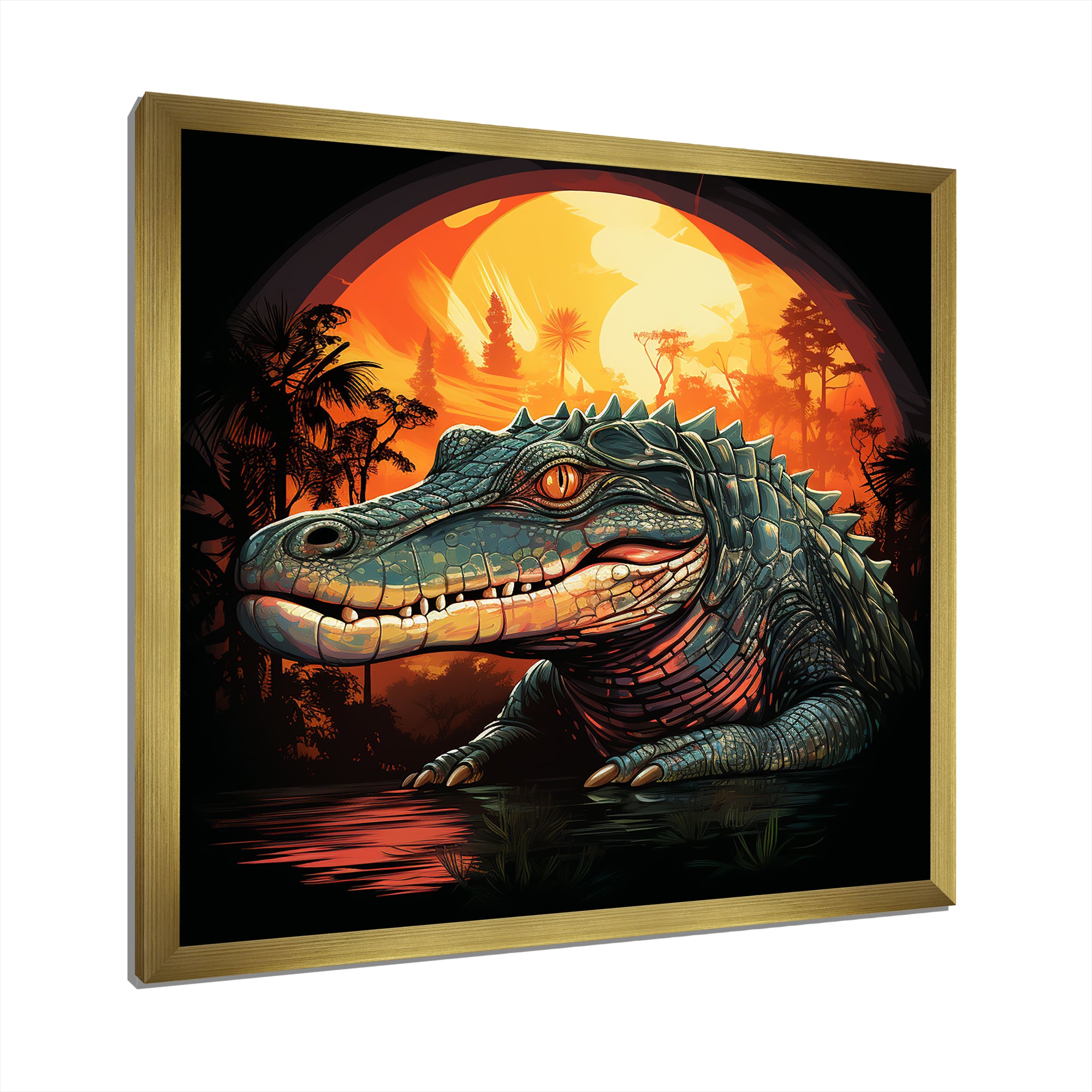 Orange and green Crocodile sunset - Crocodile Framed Canvas Art