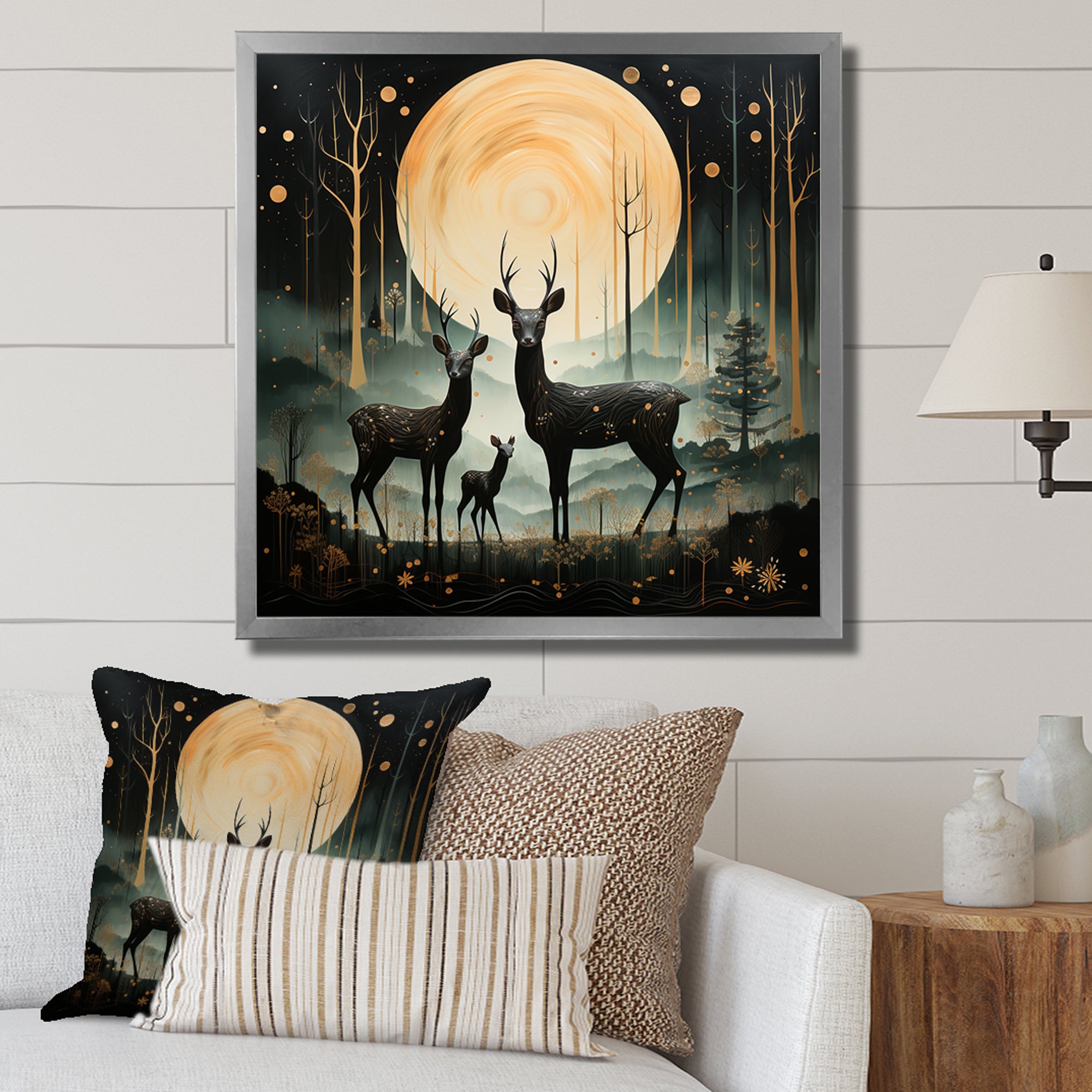 Wondering night deer family elegance - Deer Landscape Canvas Wall Art