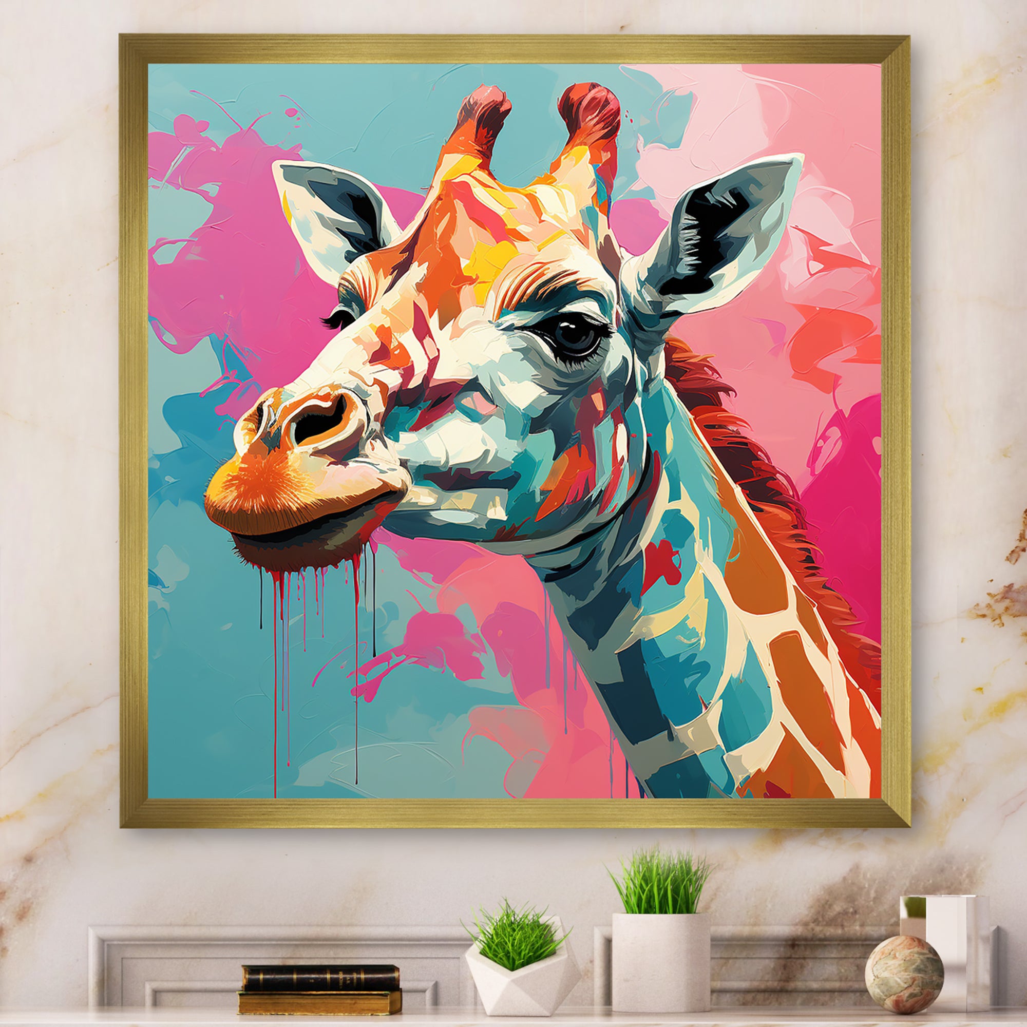 Pink and green Giraffe Portrait - Pink Giraffe Wall Art