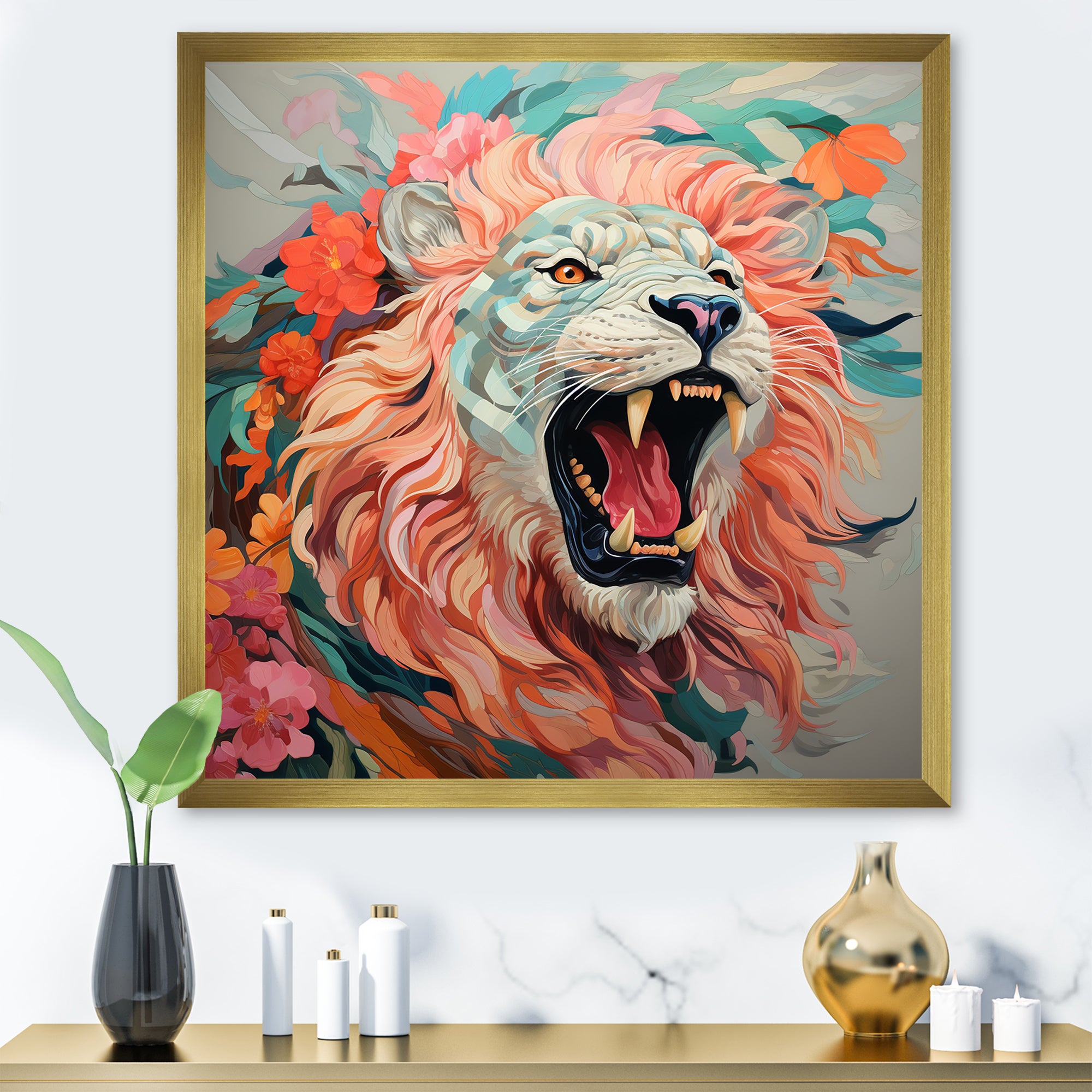 Pink and Grey Lion roar - Pink Lion Wall Art