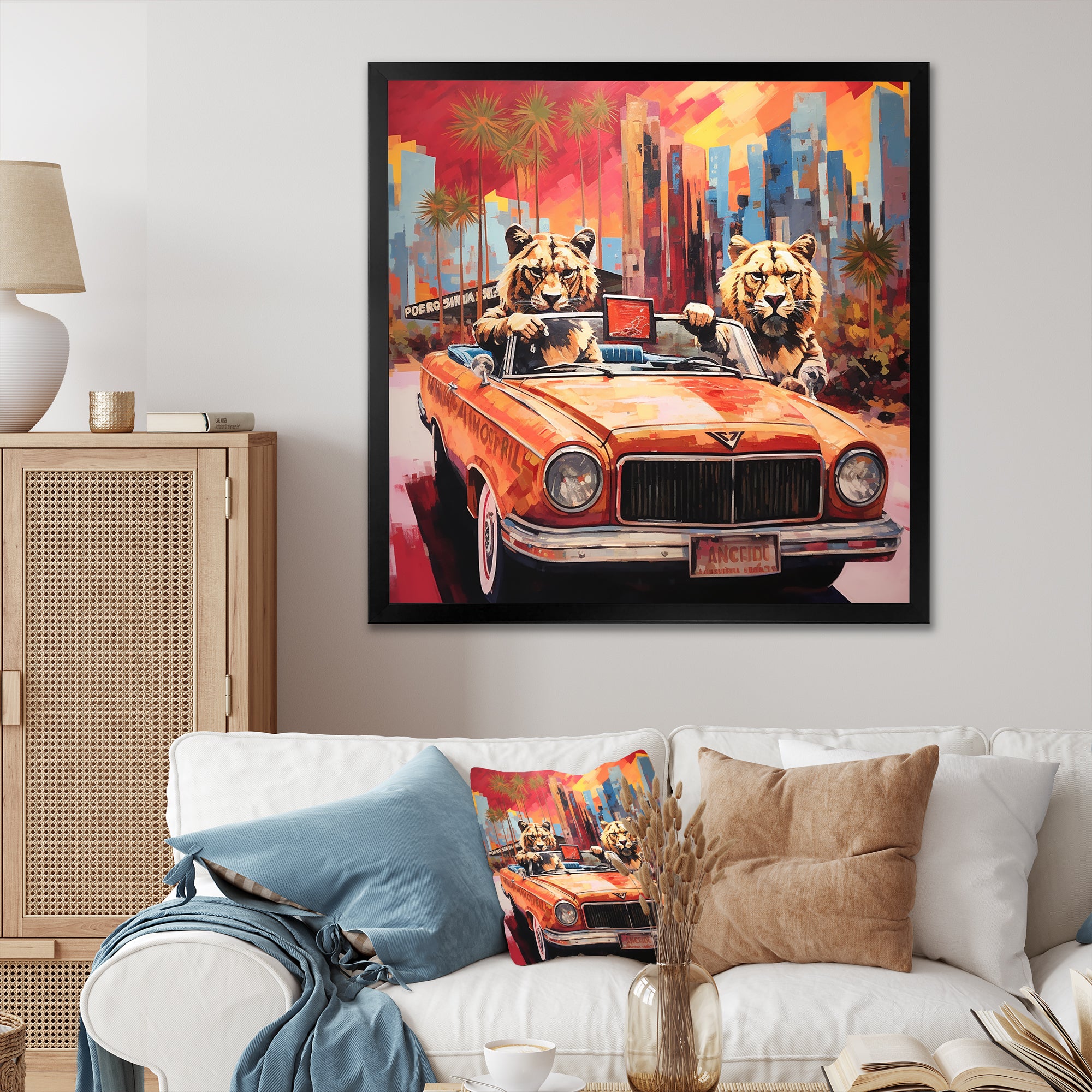 Lions riding in convertible - Lion Large Canvas Wall Art
