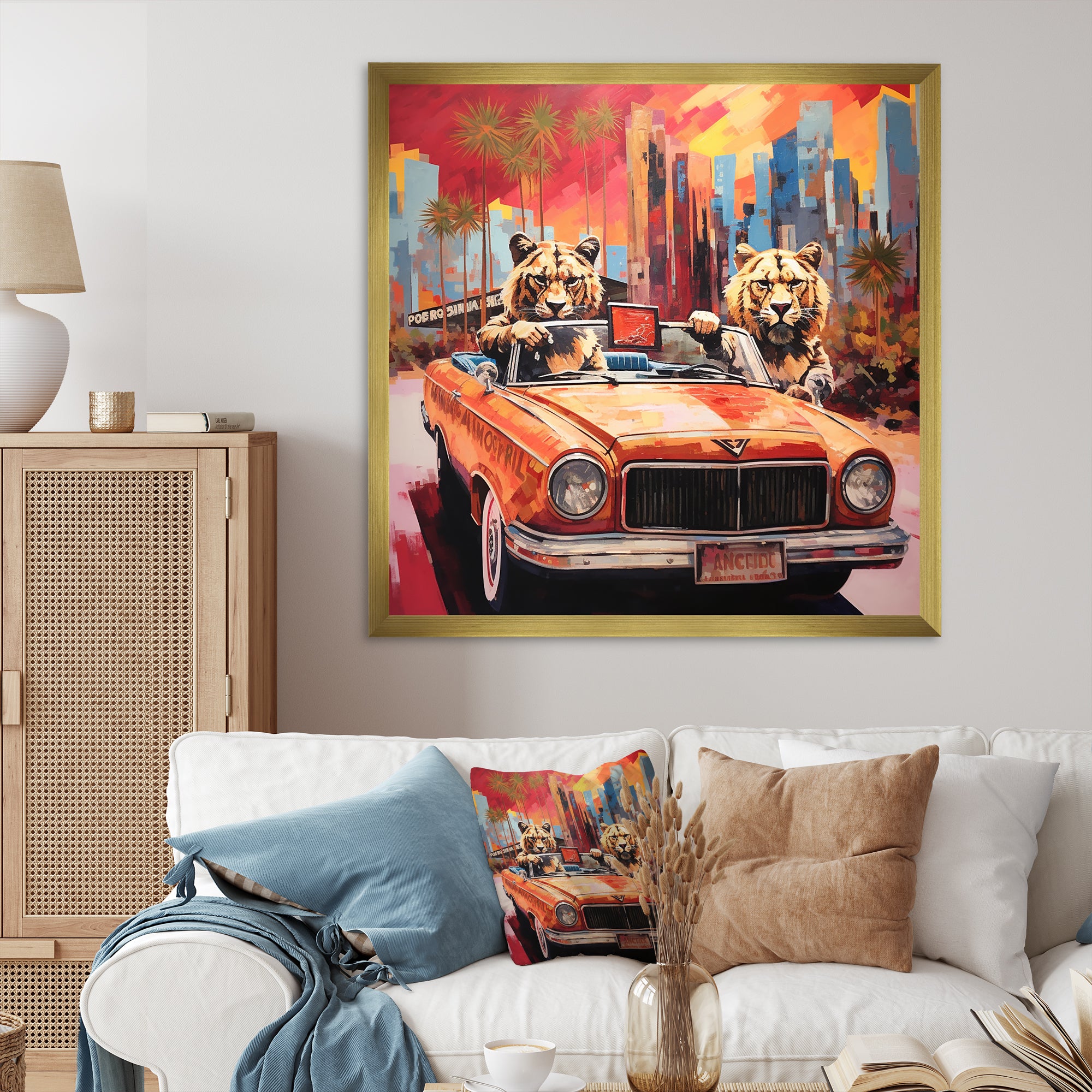 Lions riding in convertible - Lion Large Canvas Wall Art