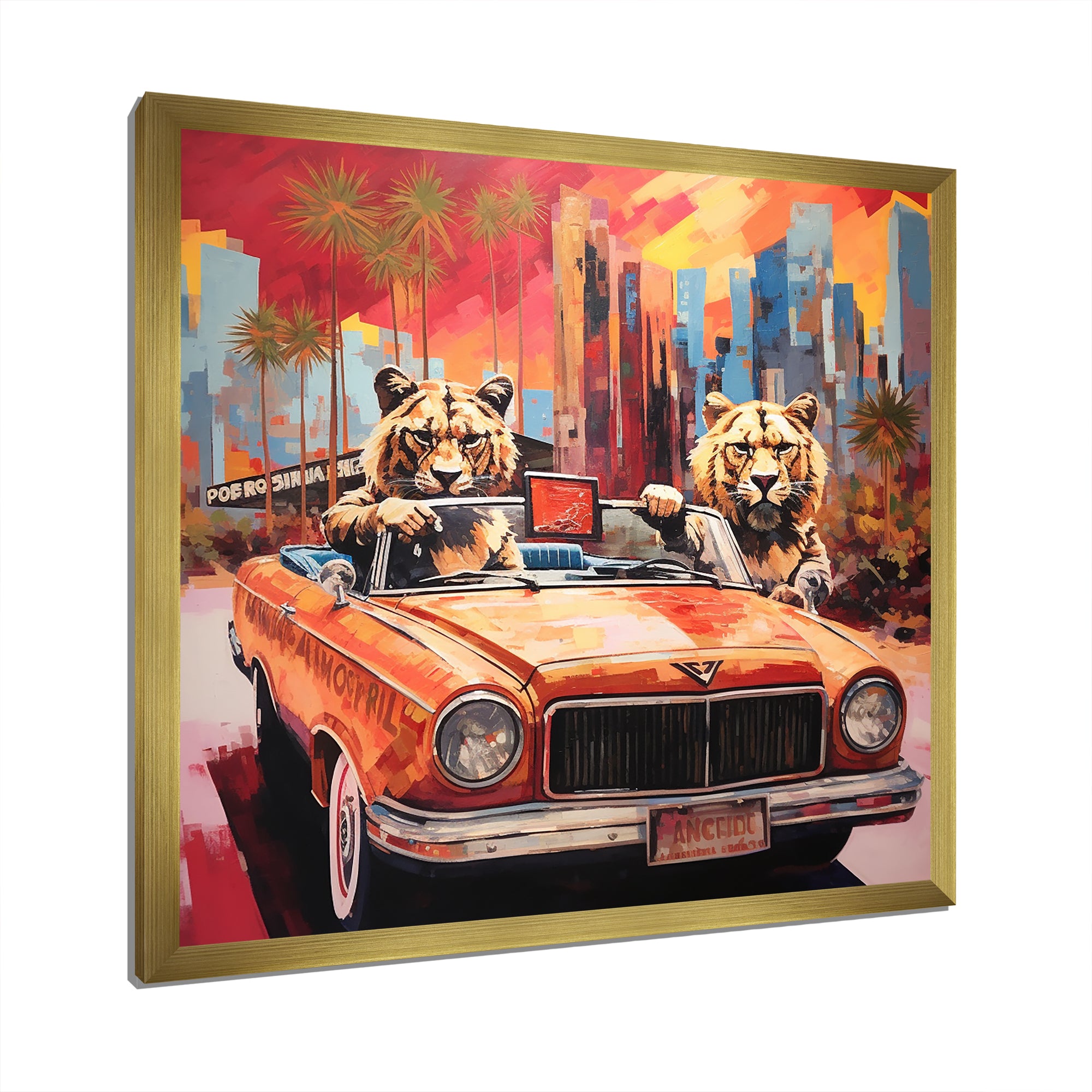 Lions riding in convertible - Lion Large Canvas Wall Art