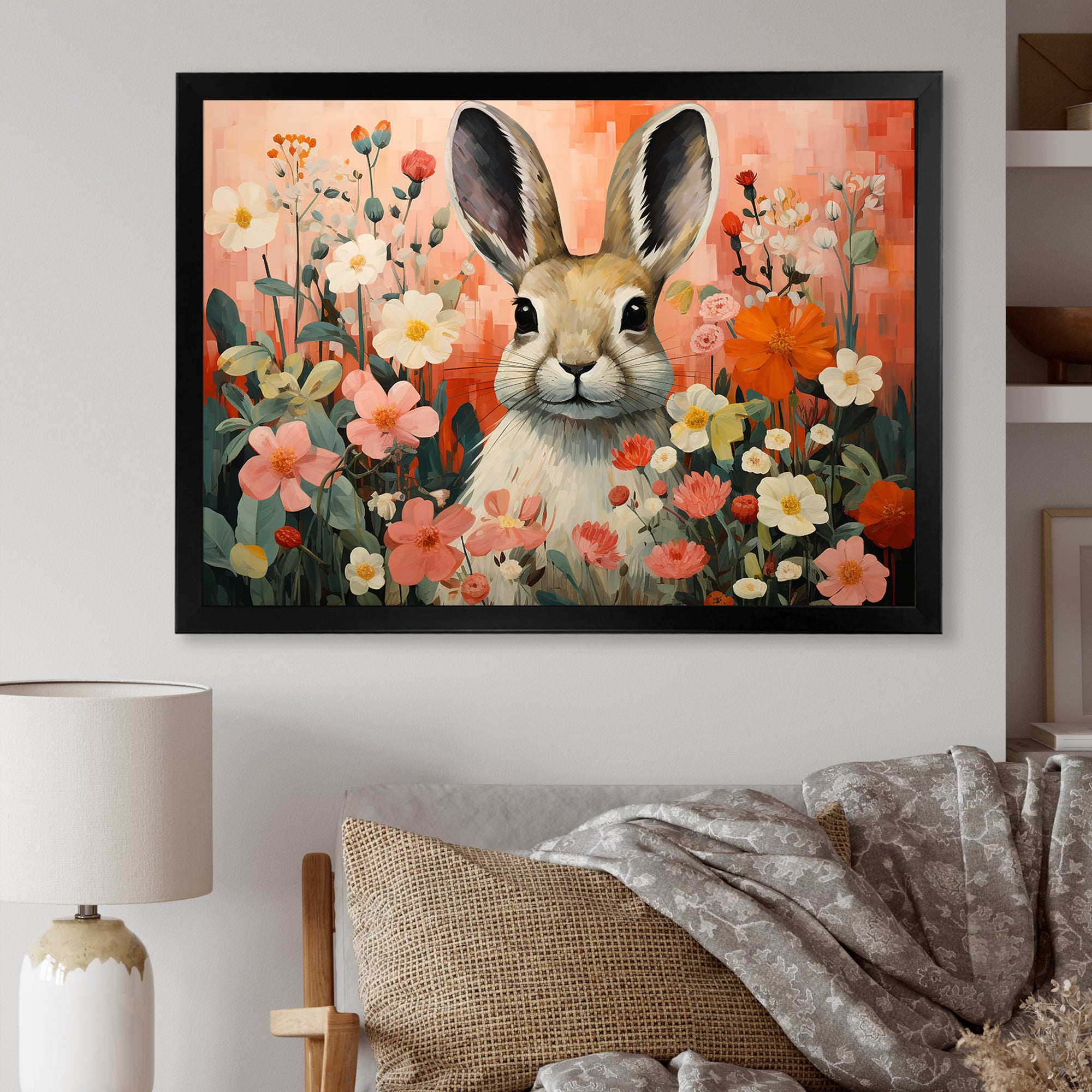 Pink Rabbit flower meadows - Rabbit Framed Canvas Art