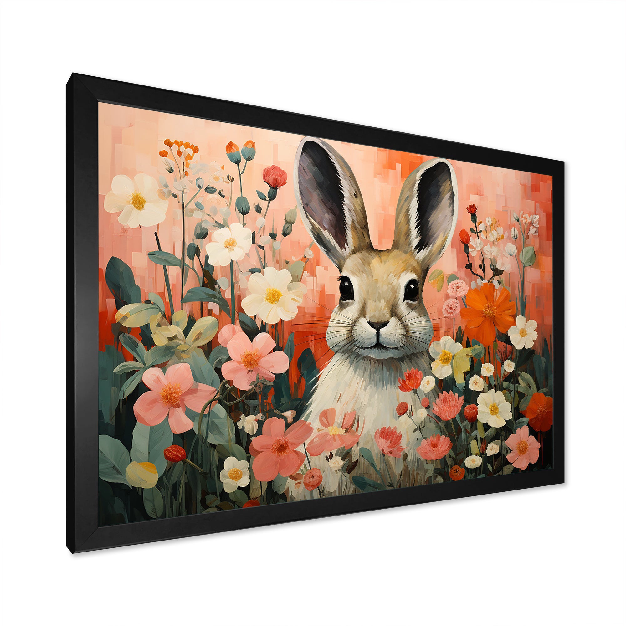 Pink Rabbit flower meadows - Rabbit Framed Canvas Art