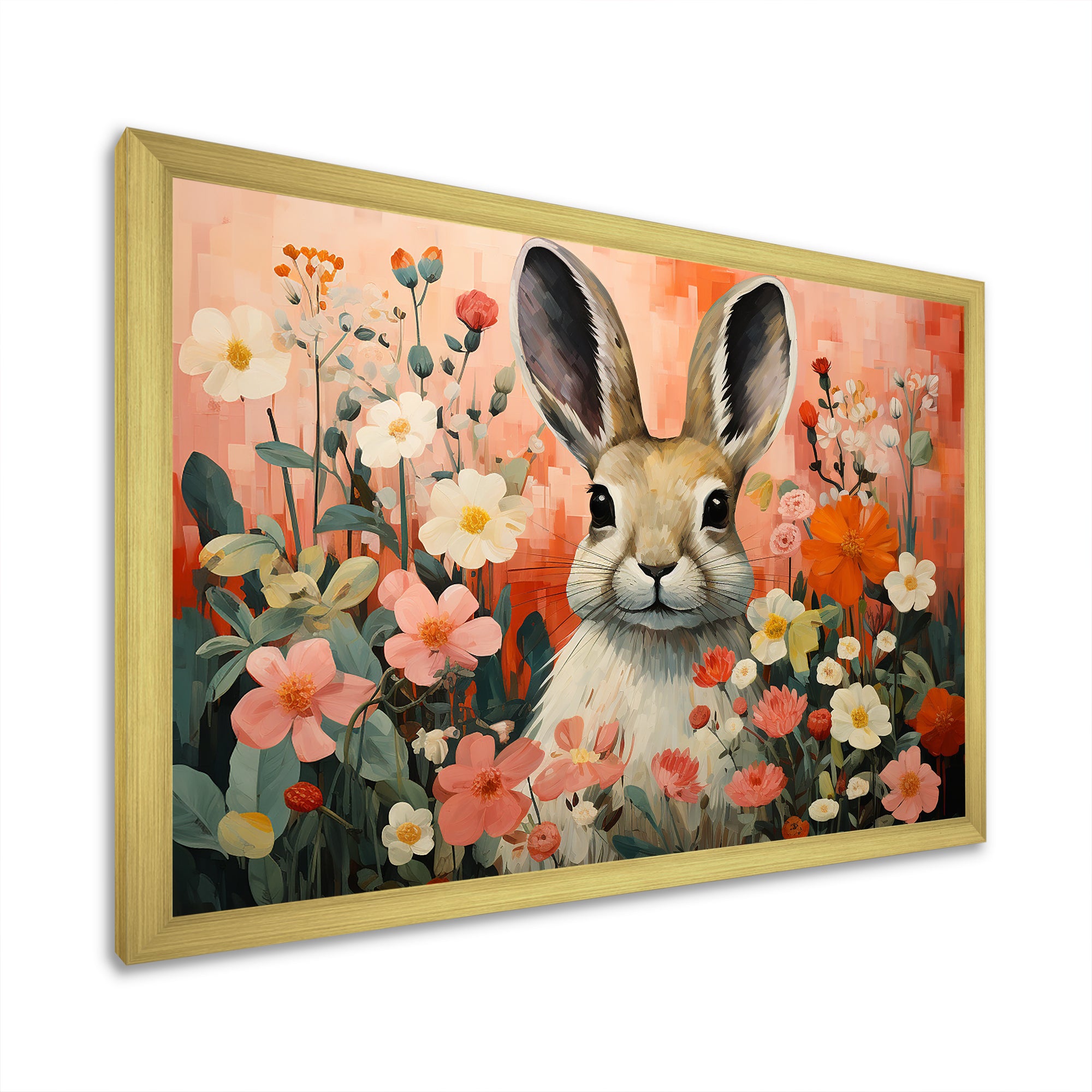 Pink Rabbit flower meadows - Rabbit Framed Canvas Art