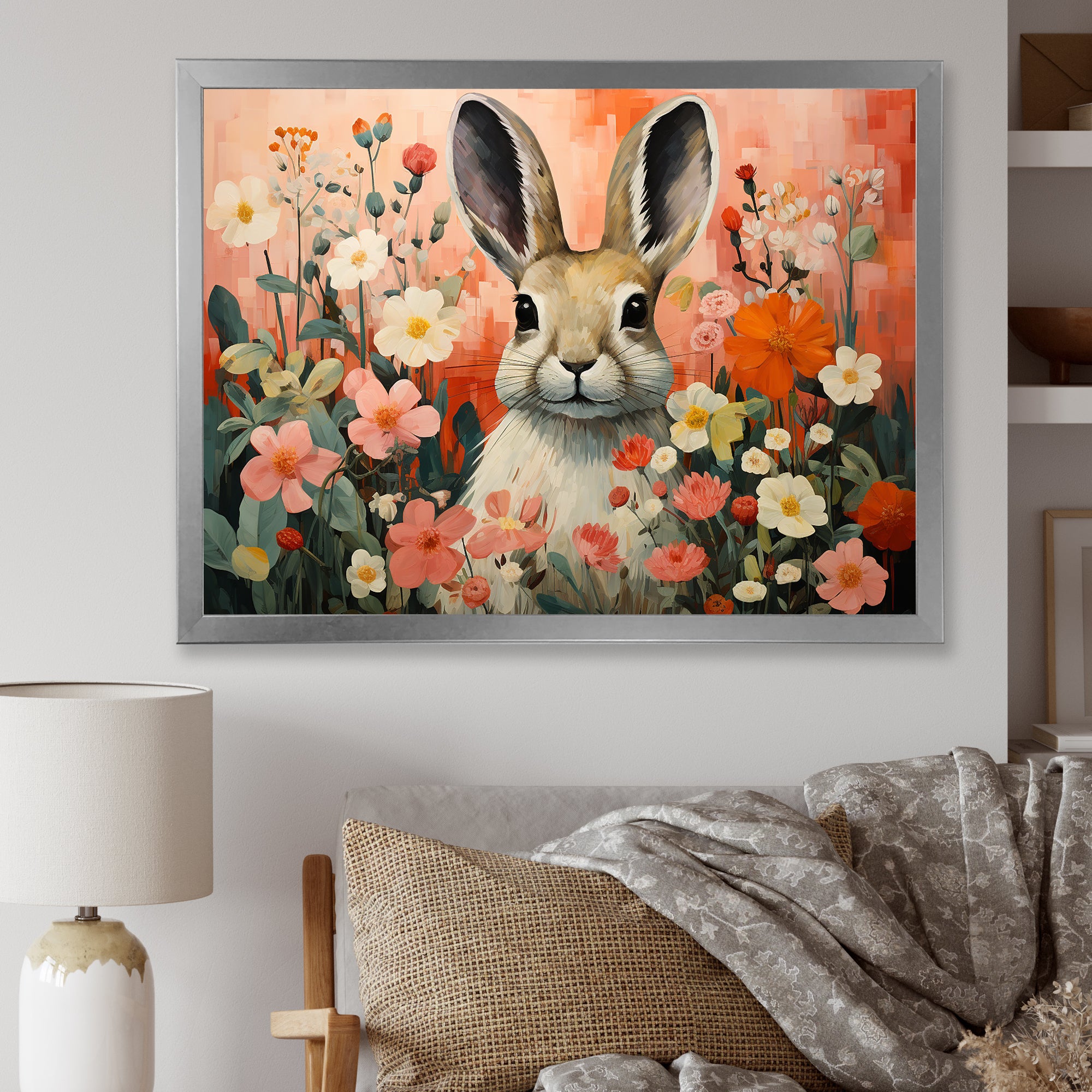 Pink Rabbit flower meadows - Rabbit Framed Canvas Art