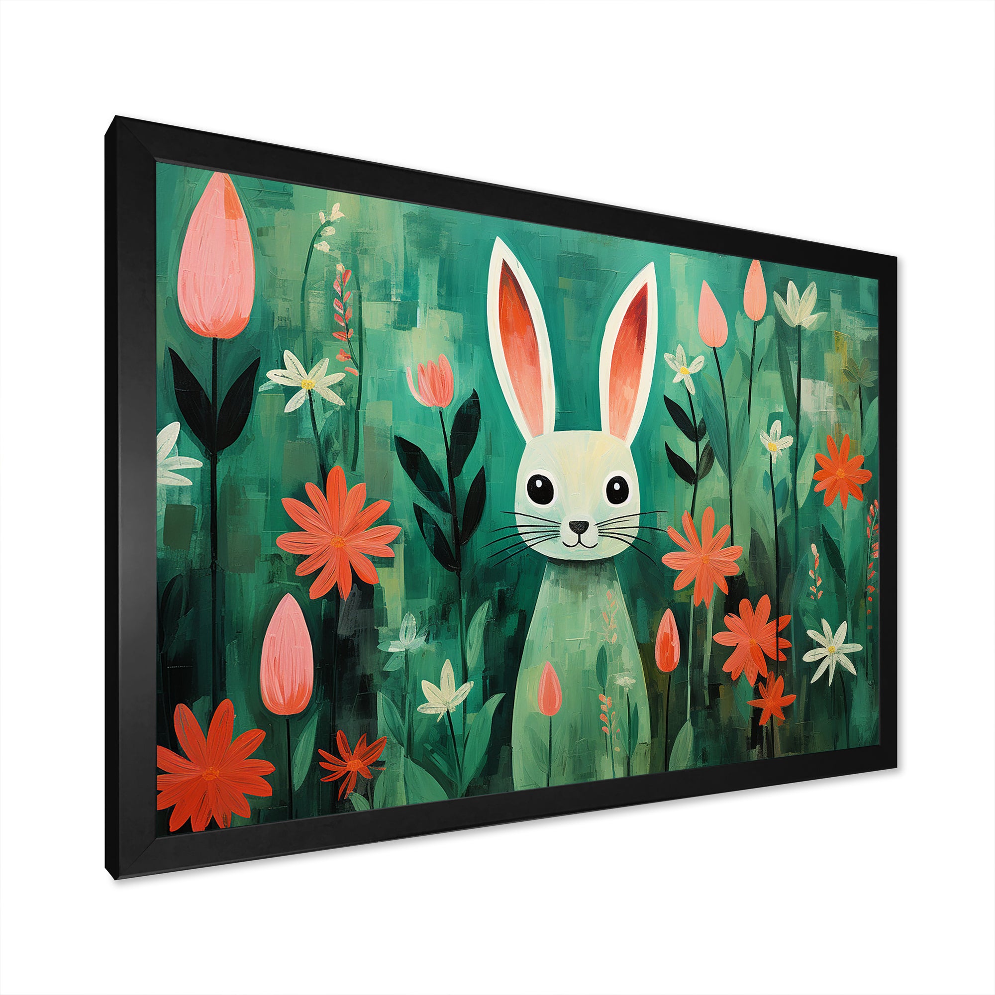 Green and pink Rabbit flower meadows - Rabbit Large Canvas Wall Art