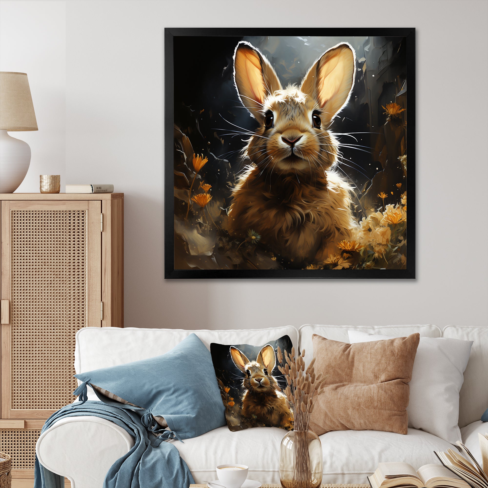 Curious floral rabbit meadow photo - Rabbit Living Room Wall Art