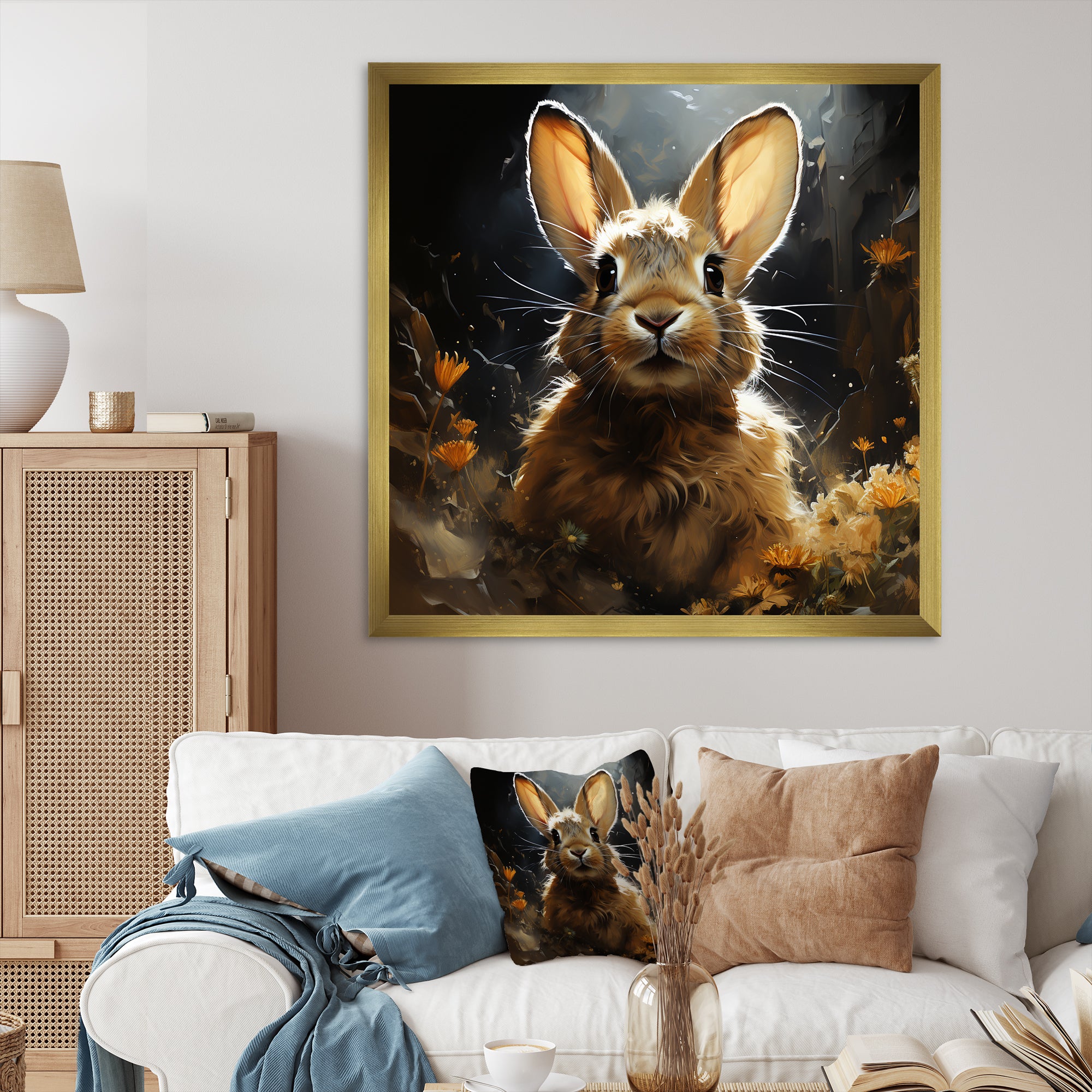 Curious floral rabbit meadow photo - Rabbit Living Room Wall Art