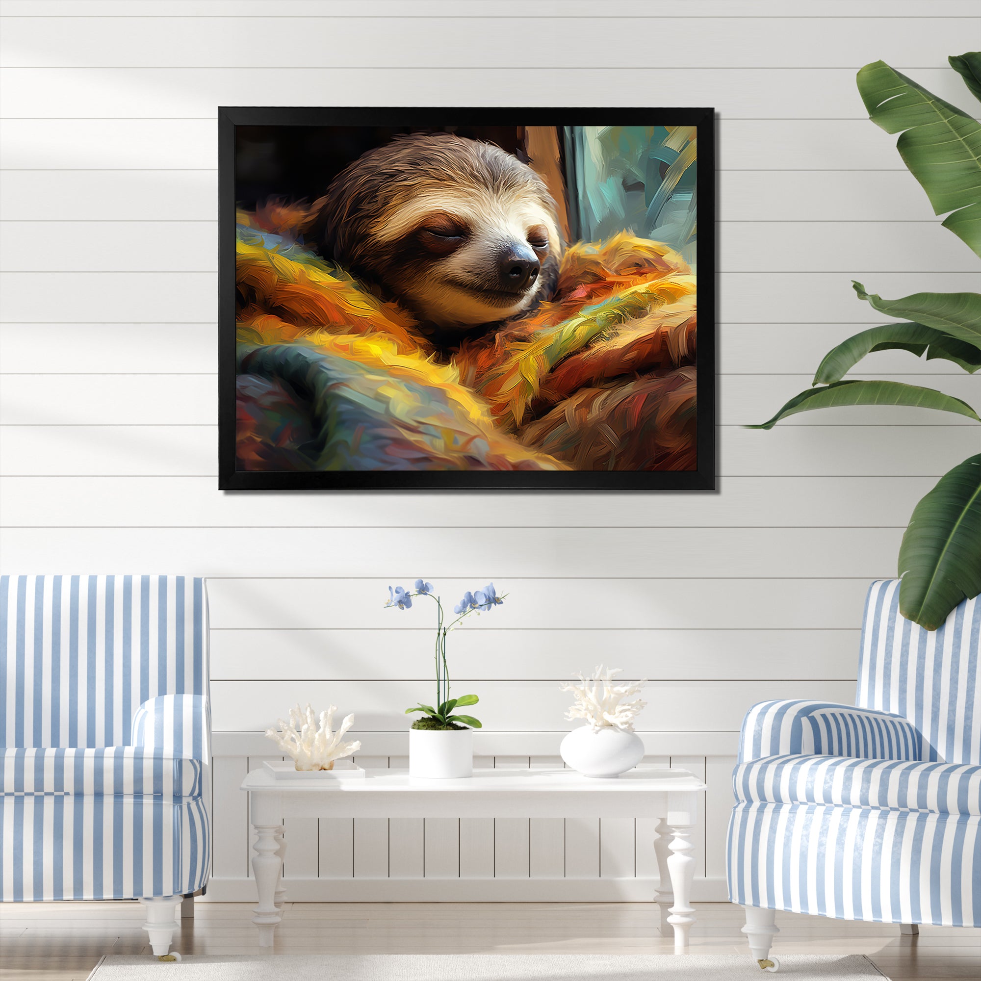 Grey and yellow Sloth Serenity sleep - Sloth Large Canvas Wall Art