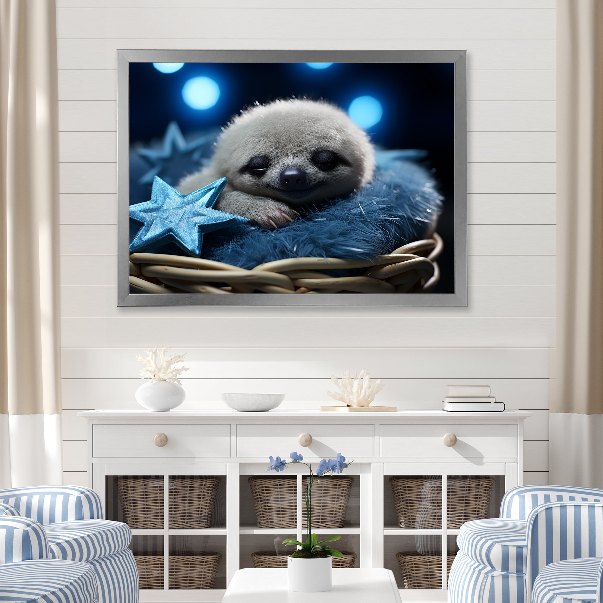 White and blue Sloth Serenity sleep - Sloth Home Decor Art