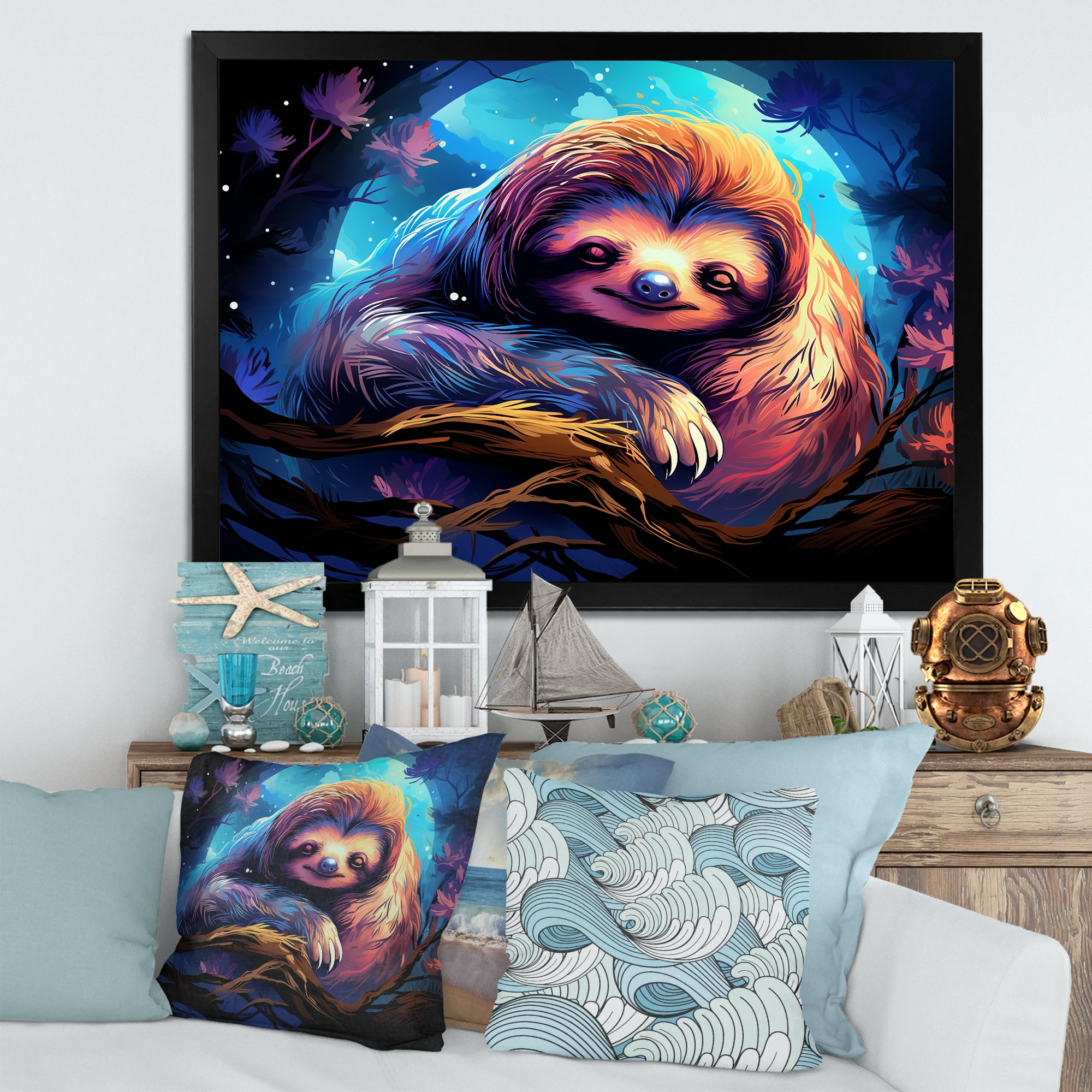 Blue and purple Sloth Serenity sleep - Sloth Living Room Wall Art
