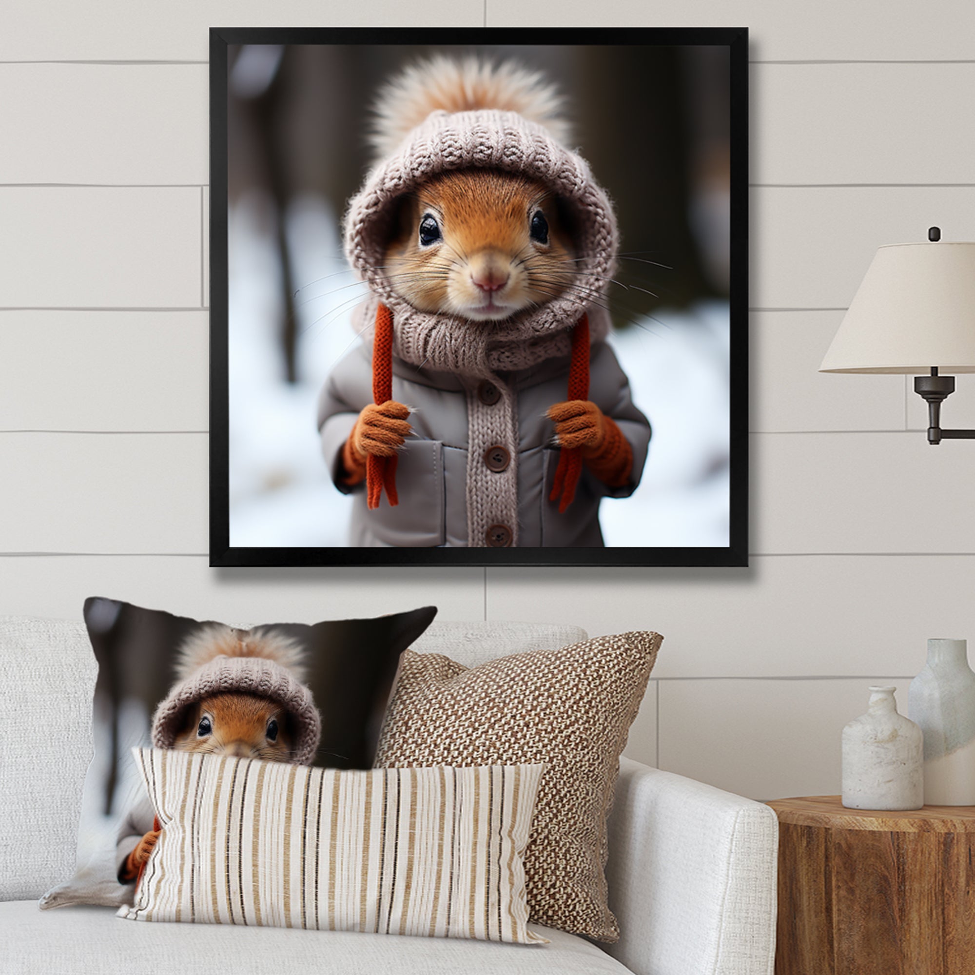 Squirrel with Hat in snow - Squirrel Canvas Wall Art