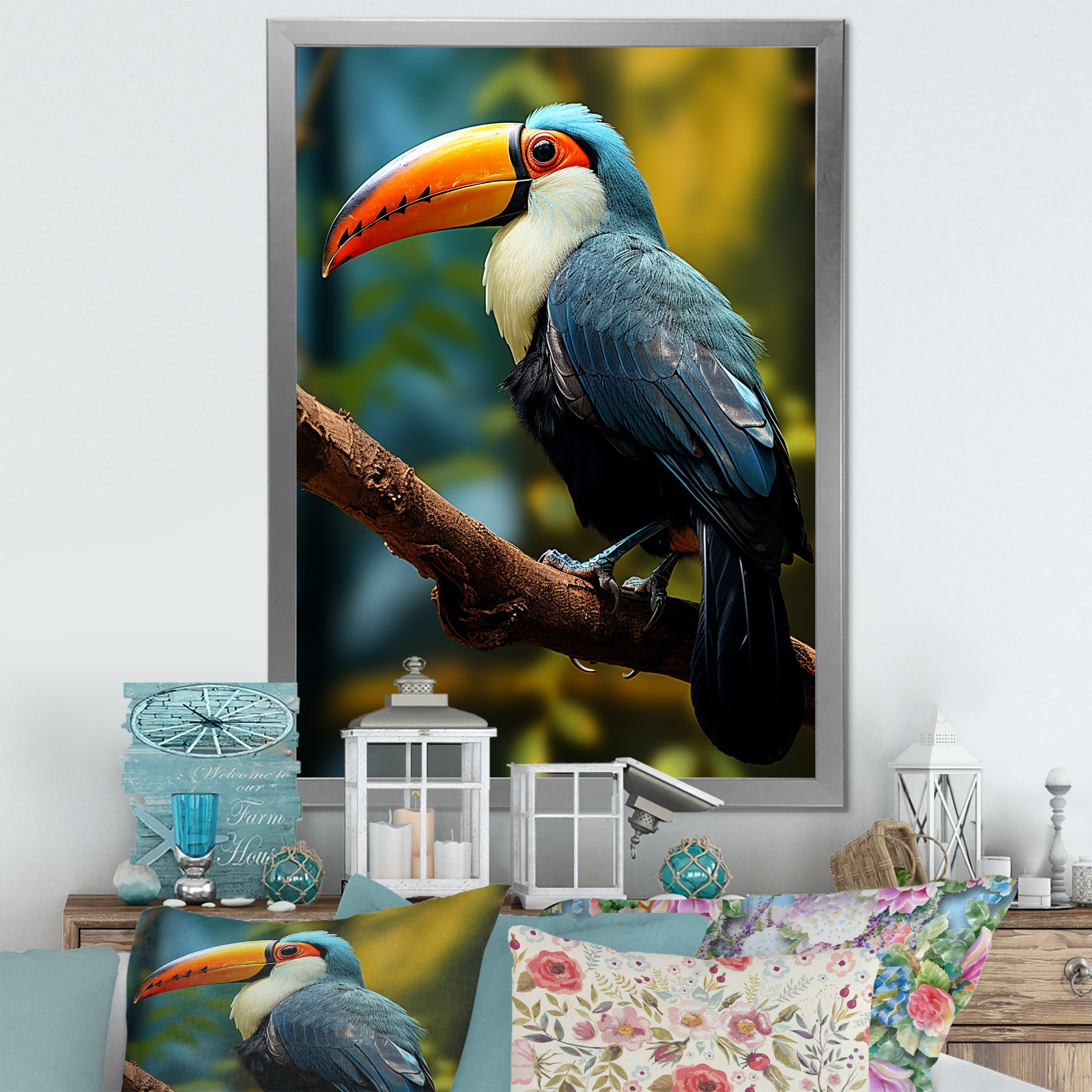 Blue and white Tropical Toucan jungle - Blue Toucan Wall Art