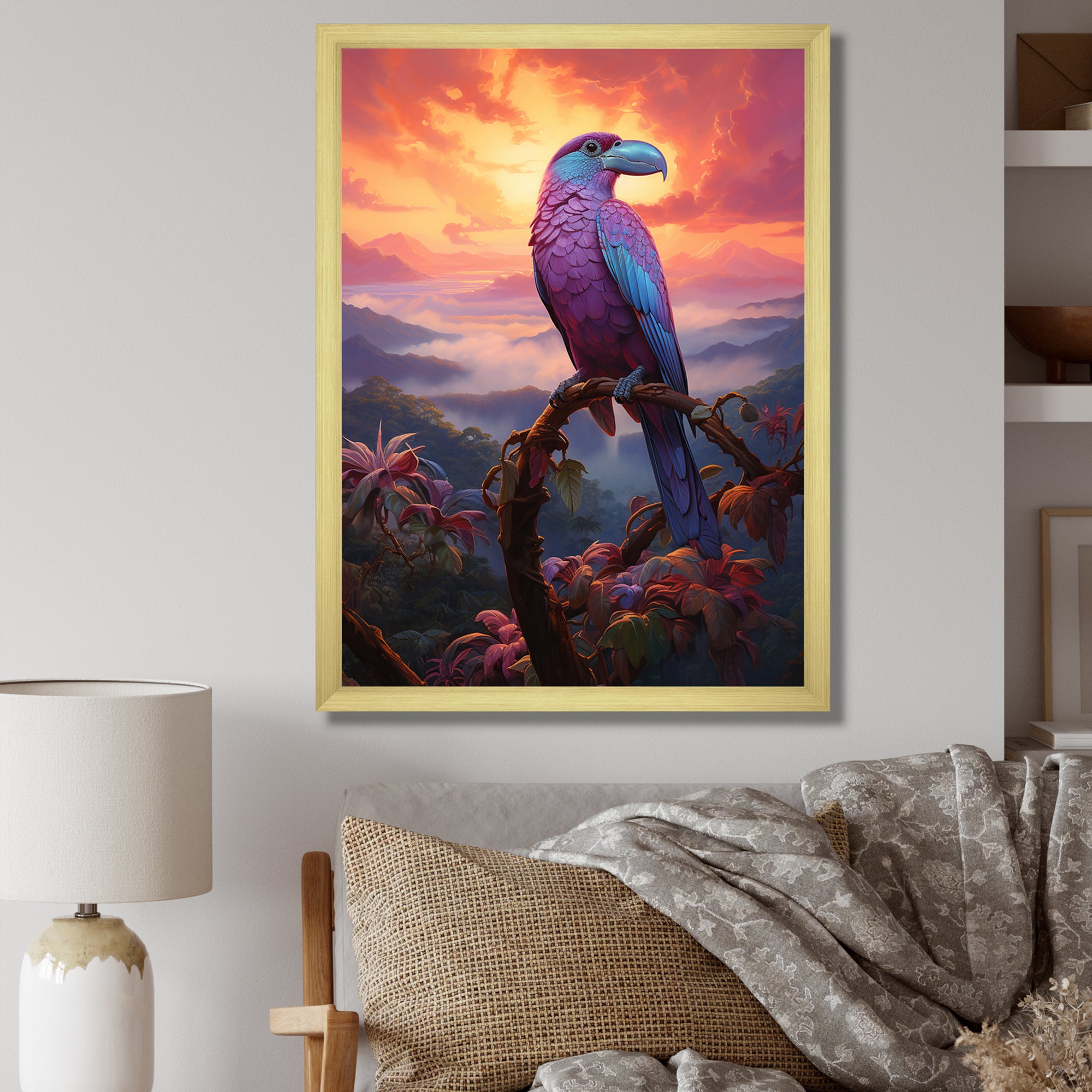 Pink and yellow Tropical Toucan jungle sunset - Toucan Framed Canvas Art