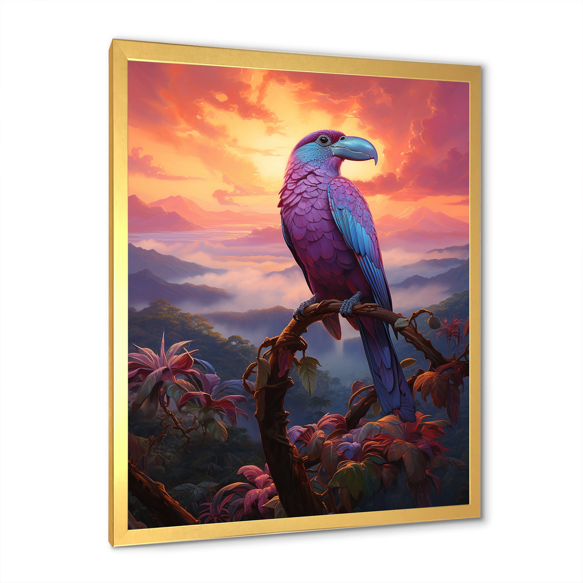 Pink and yellow Tropical Toucan jungle sunset - Toucan Framed Canvas Art